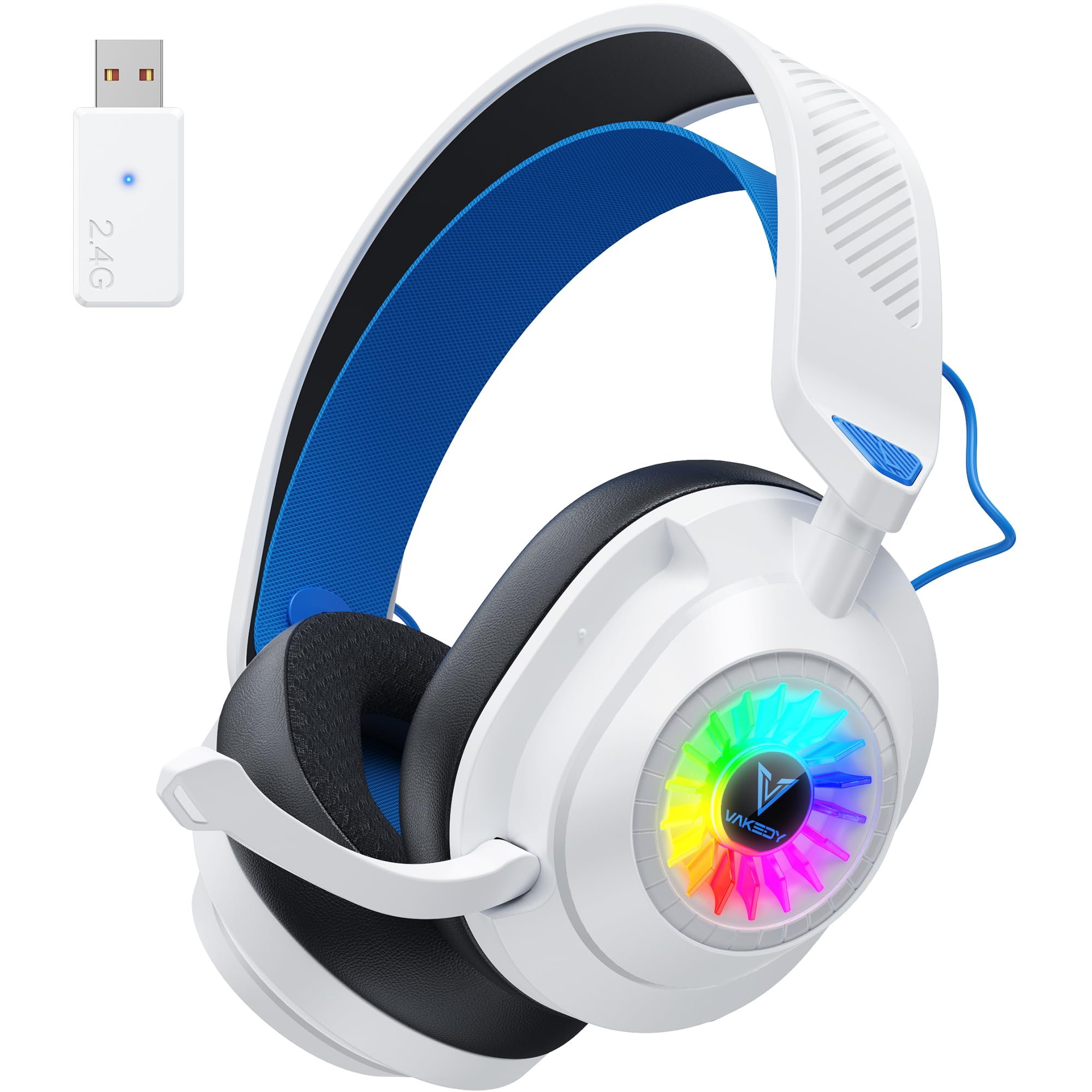 Vakedy HW10 Wireless Gaming Headset for PS5,PS4,PC,2.4GHz Bluetooth Gaming Headphones with Noise Cancelling Microphone,50Hr Battery Gamer Headset for Switch, Laptop,Mobile,Mac,Cool RGB (White/Blue)