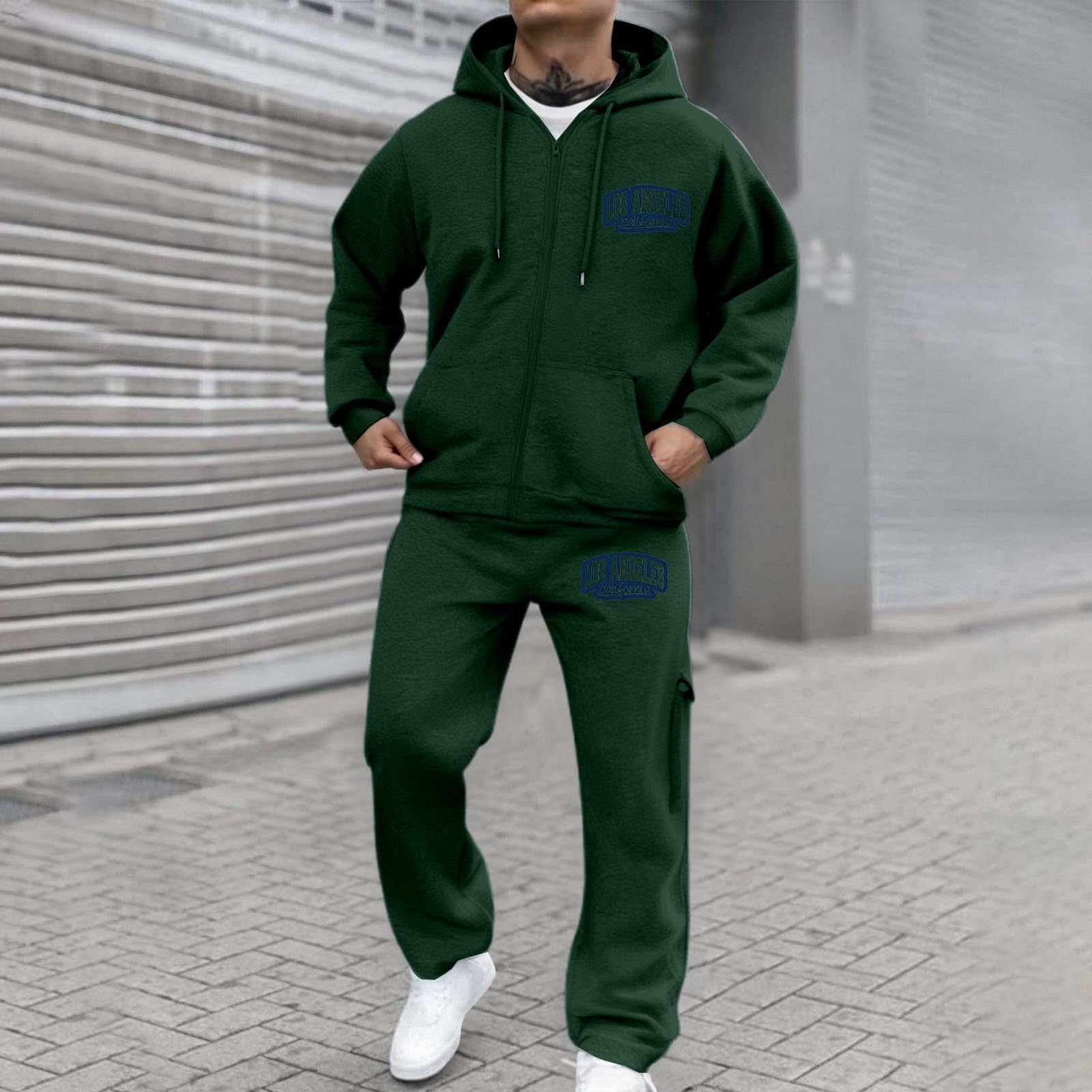 Set di felpa con cappuccio da uomo con cerniera e stampa di lettere, abbigliamento casual per tutti i giorni in palestra, comoda tuta da jogging sportiva