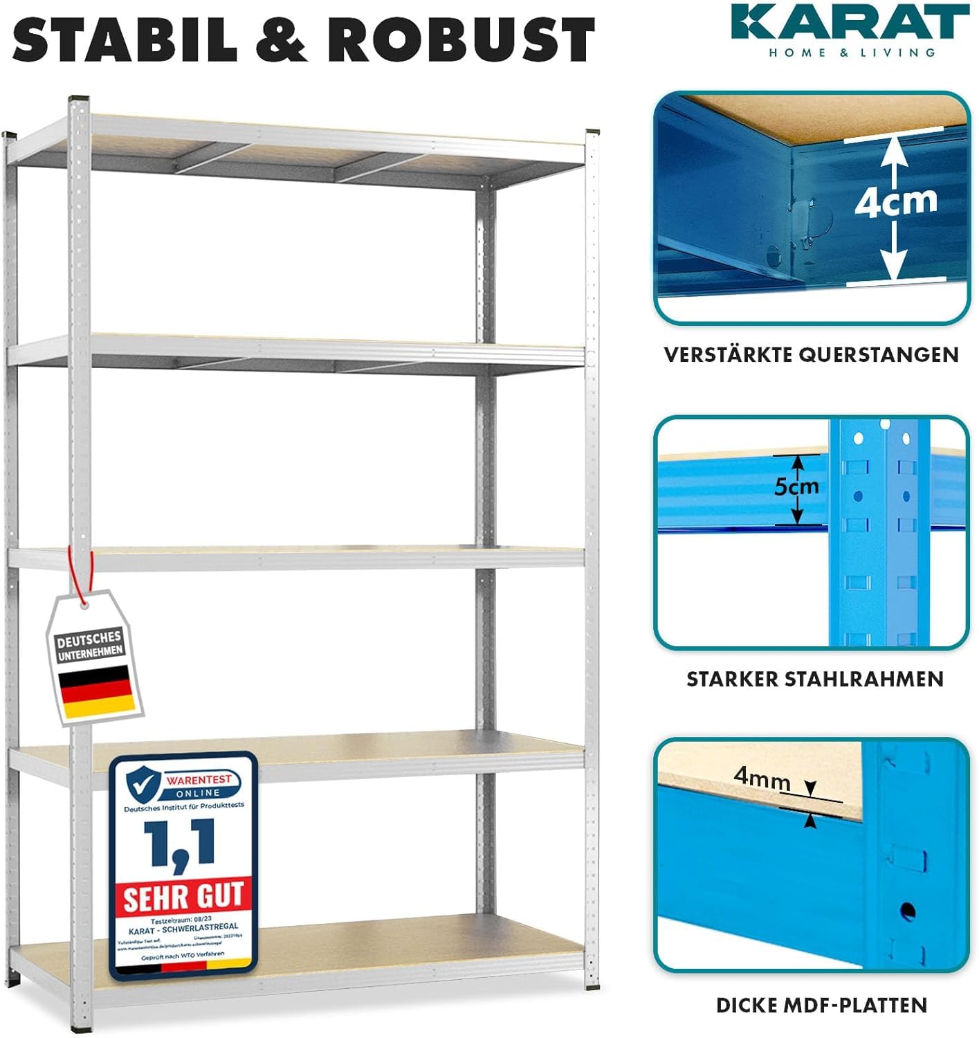 KARAT Estantería para cargas pesadas para garaje, sótano, taller, estantería sin tornillos, estantería ancha, estantería de almacenamiento, estantería esquinera, estantería para neumáticos, estantería
