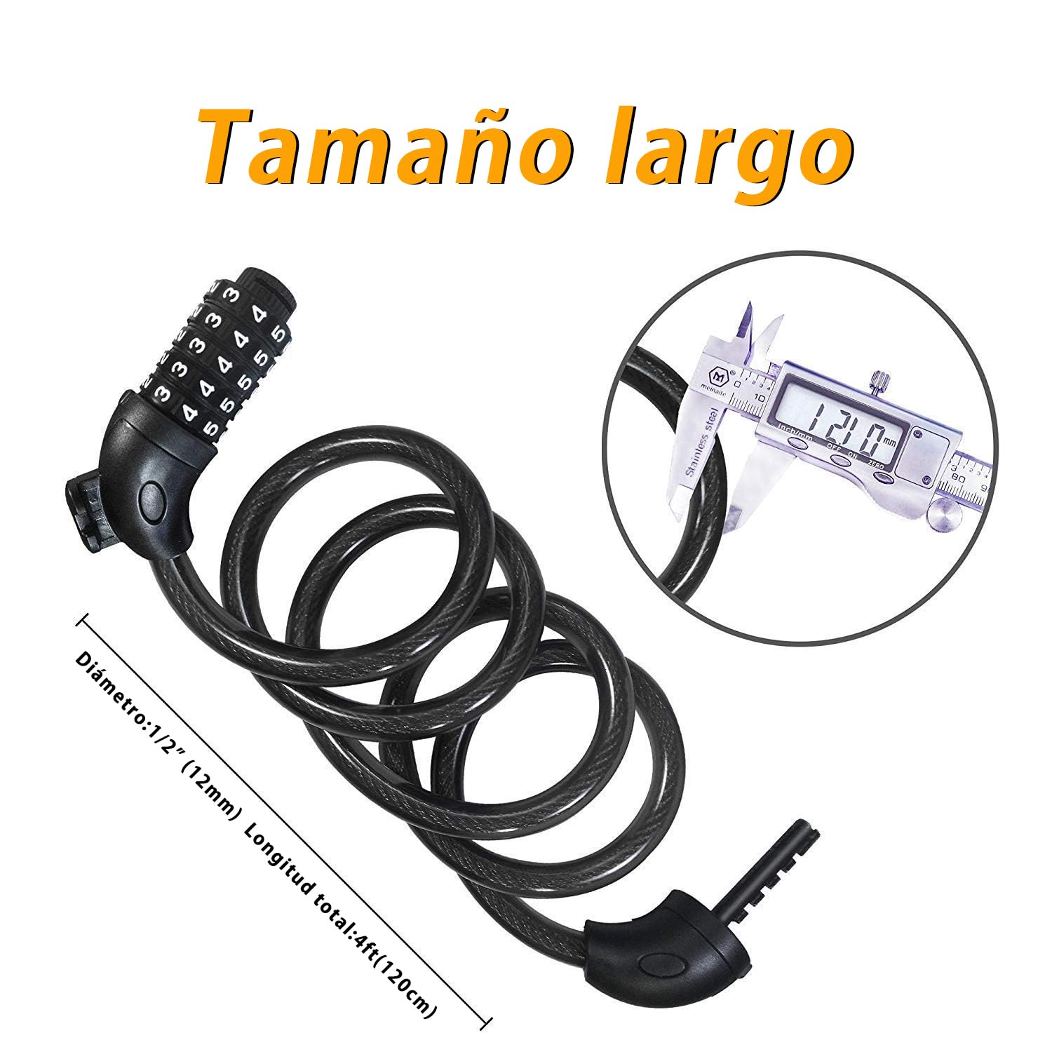 REHKITTZ Candado Bicicleta Cadena Bici Combinacion 5 Dígitos 120cm/12mm Largo Candados Antirrobo Bicicletas Seguridad para MTB Patinete Carretilla