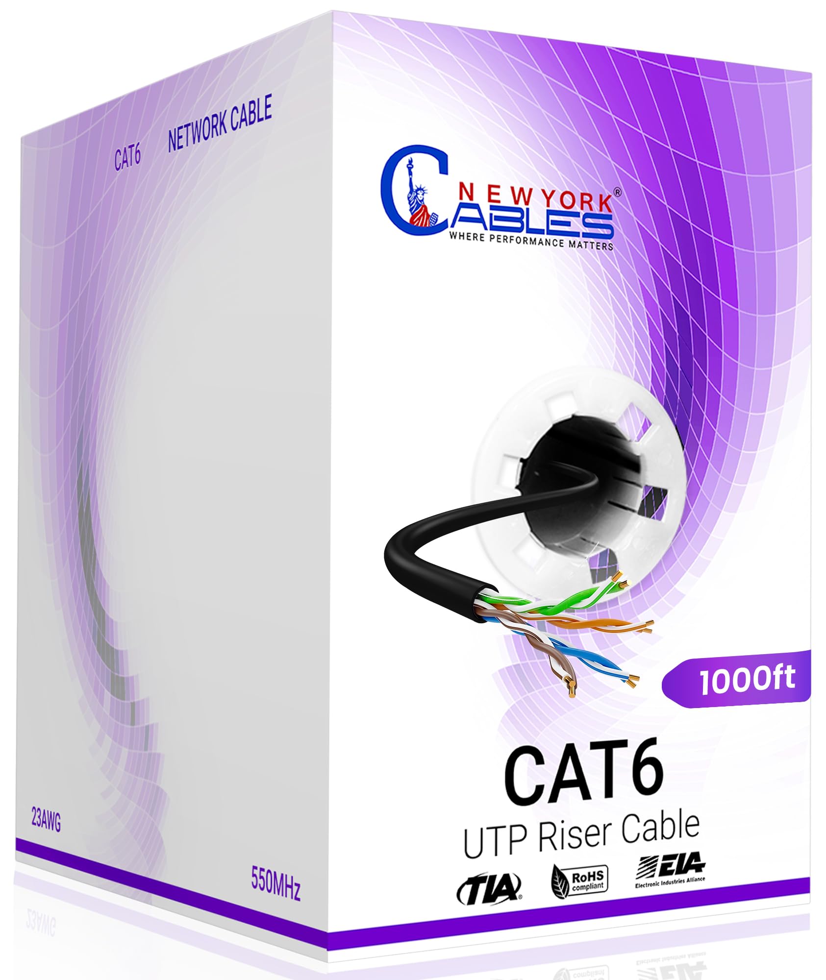 Newyork Cables Riser (CMR) 1000 pies – 4 pares sólidos 23AWG, cable Ethernet 1000 pies al aire libre – 550 MHz 10 Gigabit Speed, par trenzado sin blindaje (UTP), cable Ethernet a granel – negro