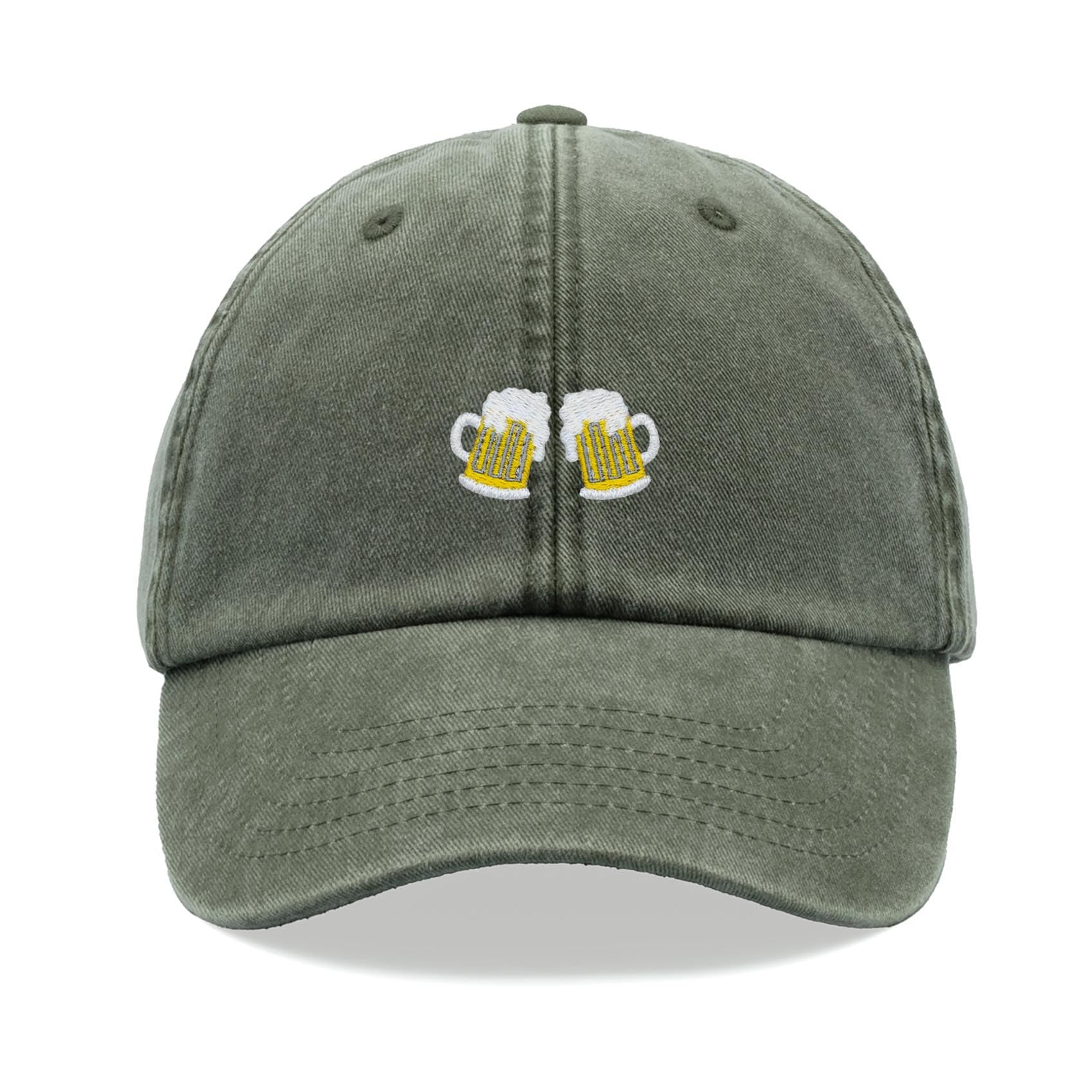 Beer Stein Glasses Baseball Cap Vintage Washed Unisex Dad Hat Adjustable Olive