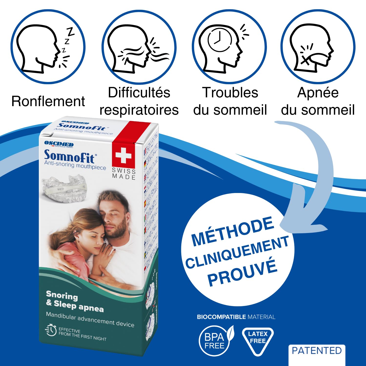 Somnofit – Ortesis antironquidos y apnea – Canal dental flexible y termoformable – Diseño patentado, gran comodidad – Ortesis mandibular fabricada en Suiza