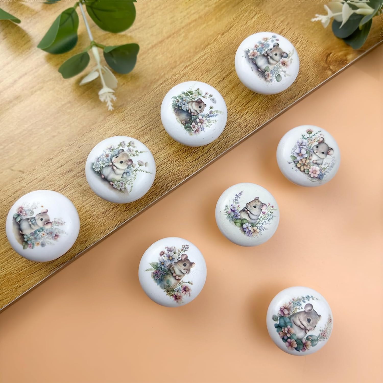 8Pack1.5 Hamsters with Flower Ceramics Knob Handle Cute Animal Kids Nursery Cabinet Dresser Drawers Pulls and Knobs