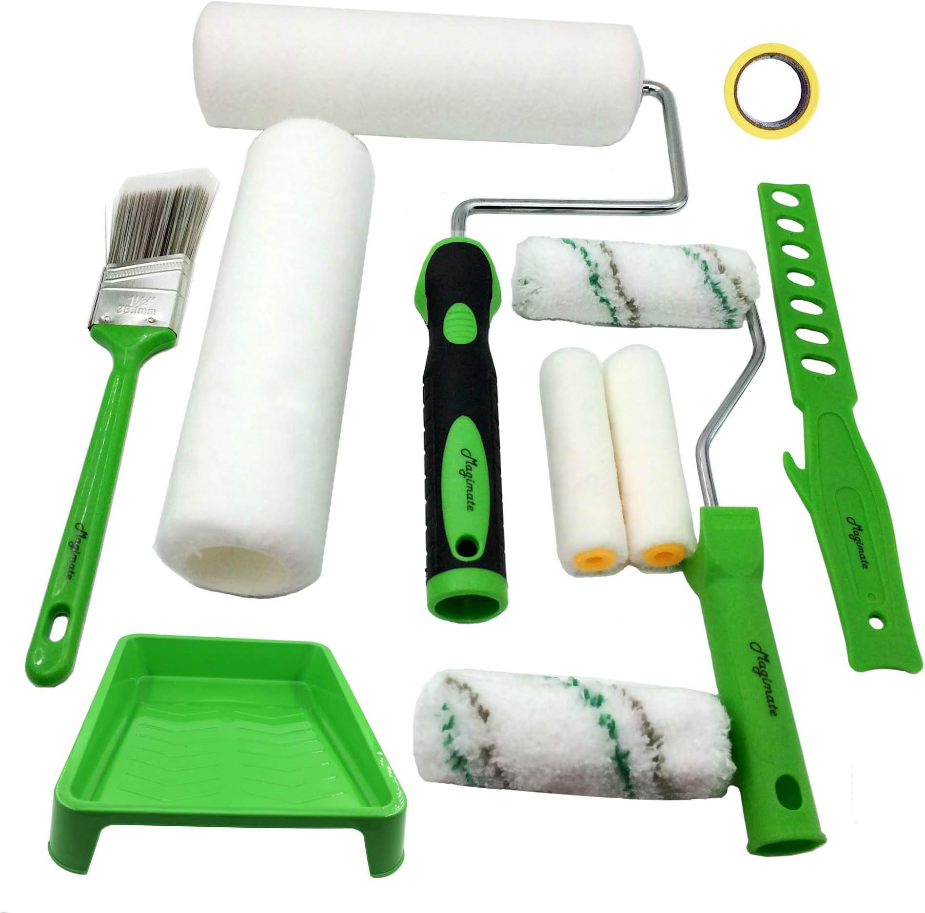 Paint Roller Kit with Tray Large Paint Roller Small Stain Roller and Brush Assorted for Painting Walls Decks Houses, Roller Handle Threaded Extendable Rollers Set 9 Inch -12PK