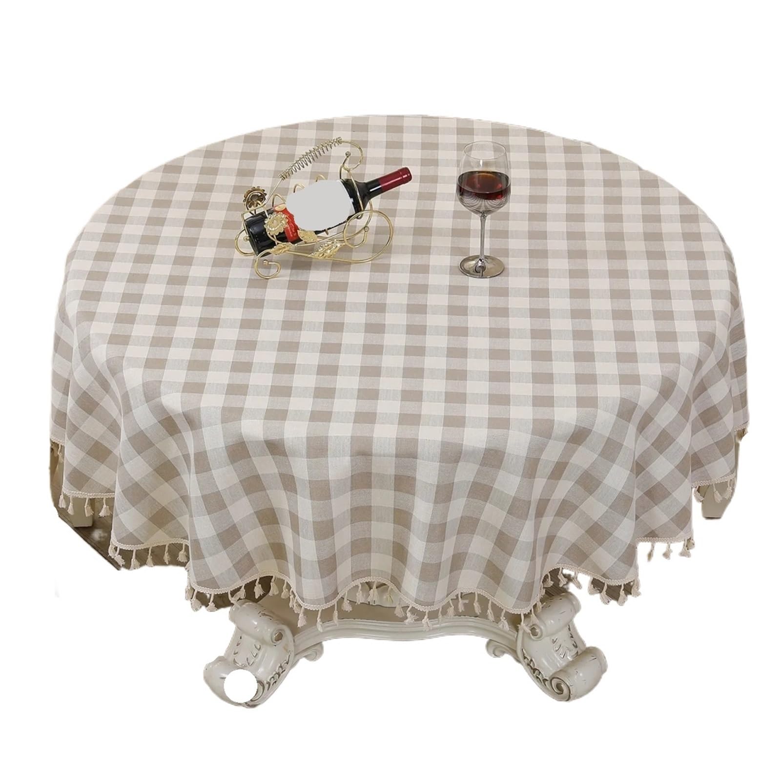 ZHSOAO Tassels Cotton Linen Round Tablecloth Restaurant Thread Check Table Cover Cloth for Cafe(Coffee,Diameter 90cm)
