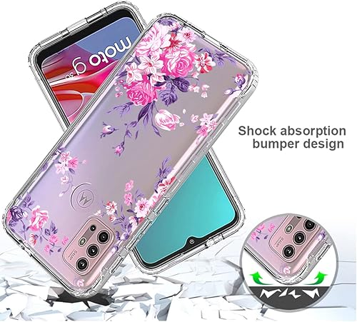 Miniatura 7 de sidande Funda para Moto G30Moto G10, XT2129-1 XT2127-1 con protector de pantalla de vidrio templado, cuerpo completo, transparente, floral, funda