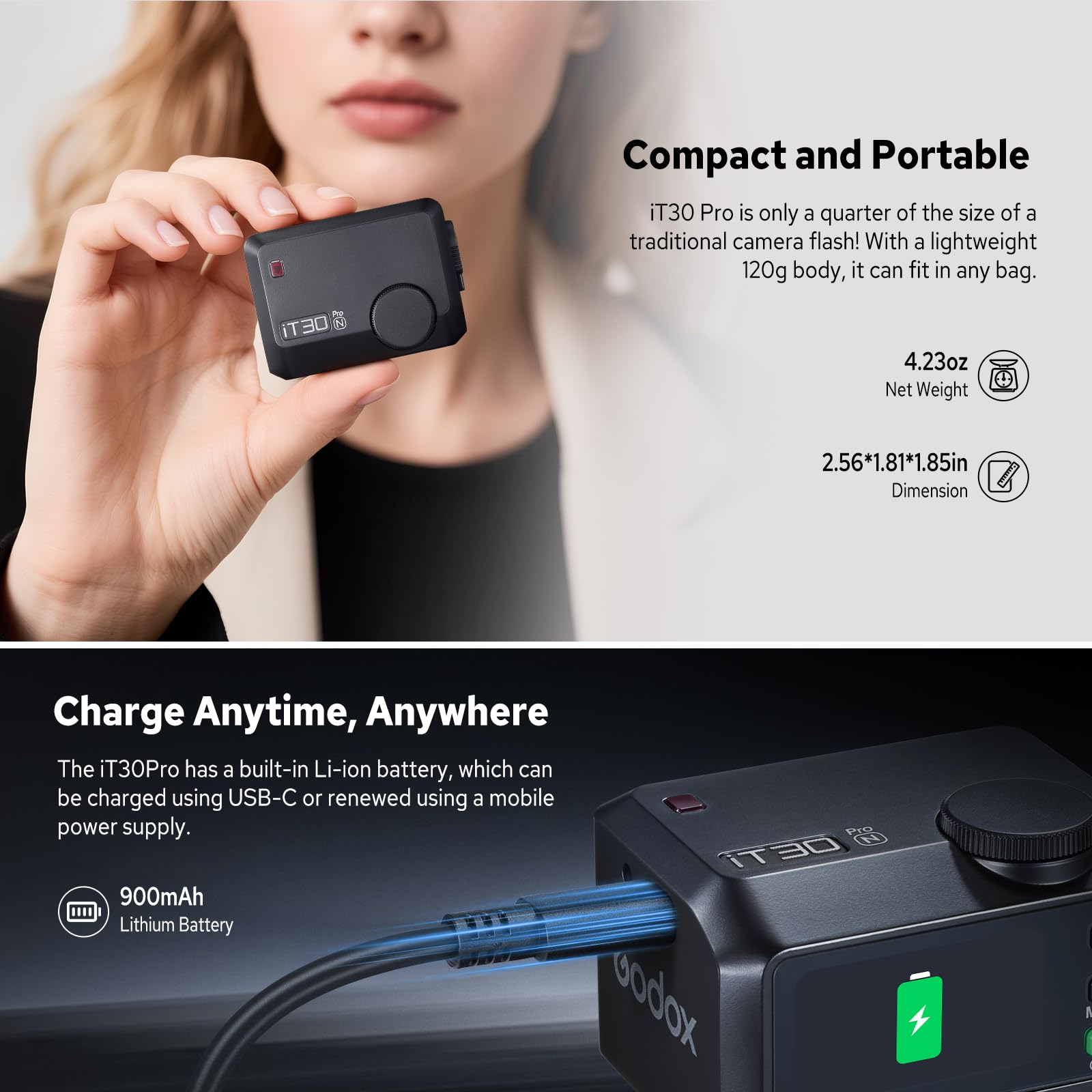 Godox IT30PRO-N Taschenblitz, kompatibel mit Nikon Z9, Z8, Z7II, Z6, ZFC, Touchscreen, Lithium-Akku, eingebauter Diffusor, USB-Aufladung, Schnellwechselschuh
