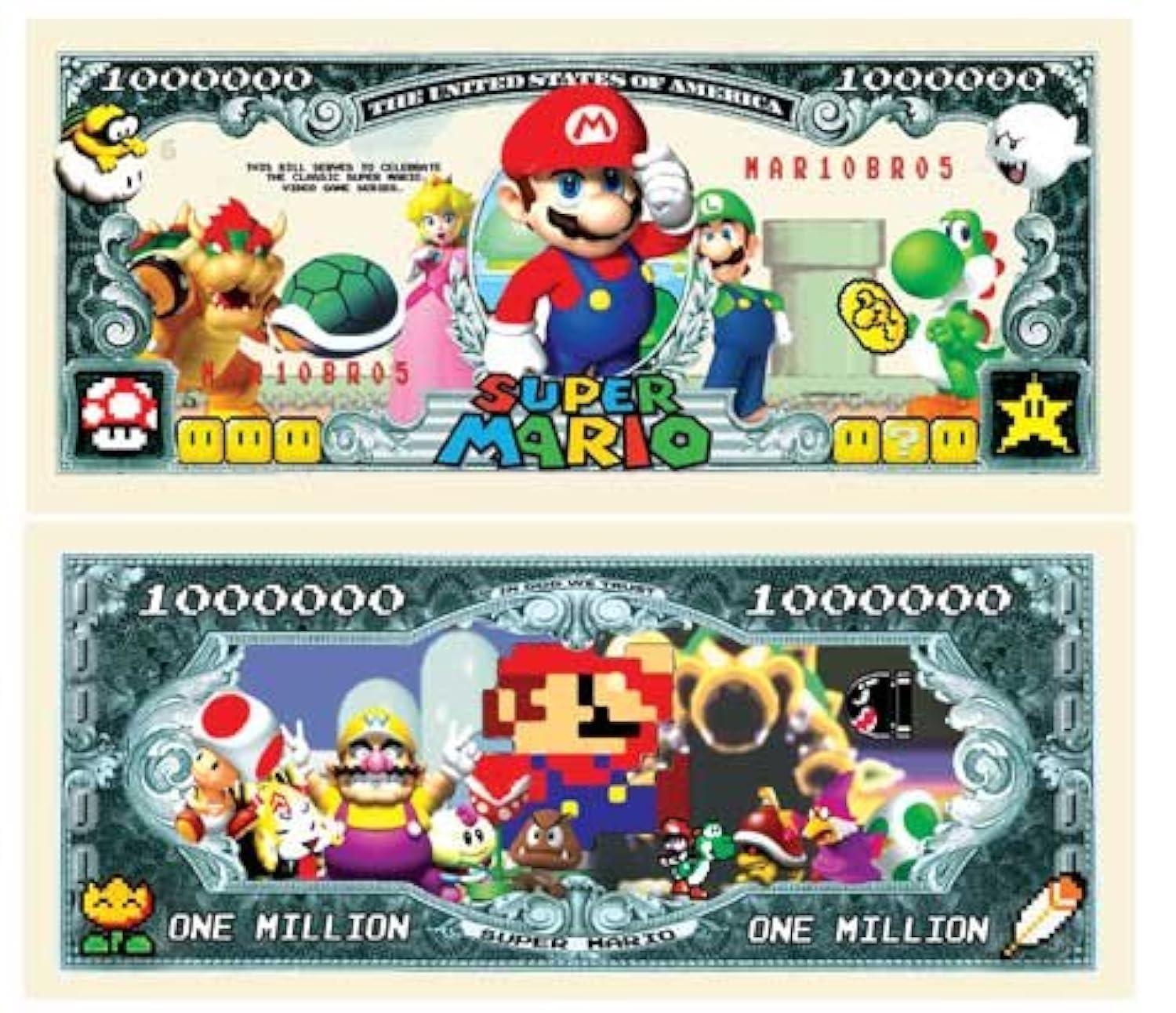 American Art Classics Pack of 5 - Super Mario Brothers Million Dollar Bills - Best Gift for Lovers of This Classic Game