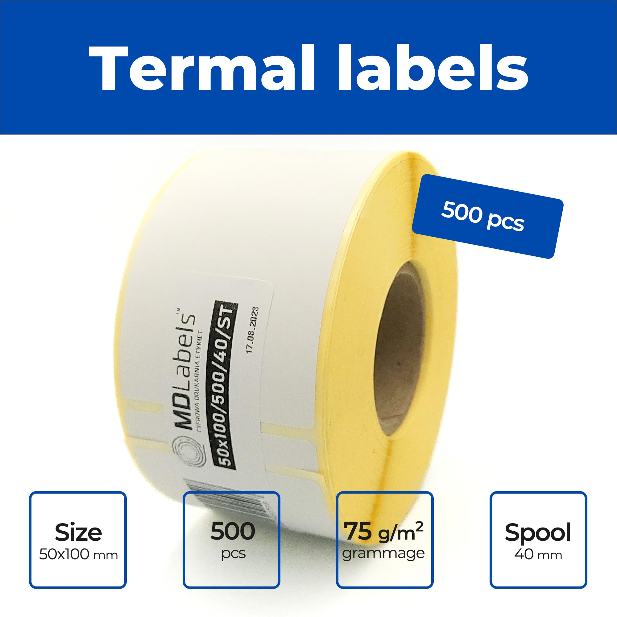MDlabels Thermoetiketten 50x100 Mm – 500 Stück, Permanent Haftend, BPA-frei, Für Zebra & Co.