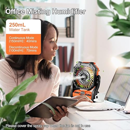 Miniatura 5 de Odoland Ventilador de campamento de 20000 mAh, ventilador de nebulización portátil con luz, ventiladores de tienda Mister recargables a pilas con