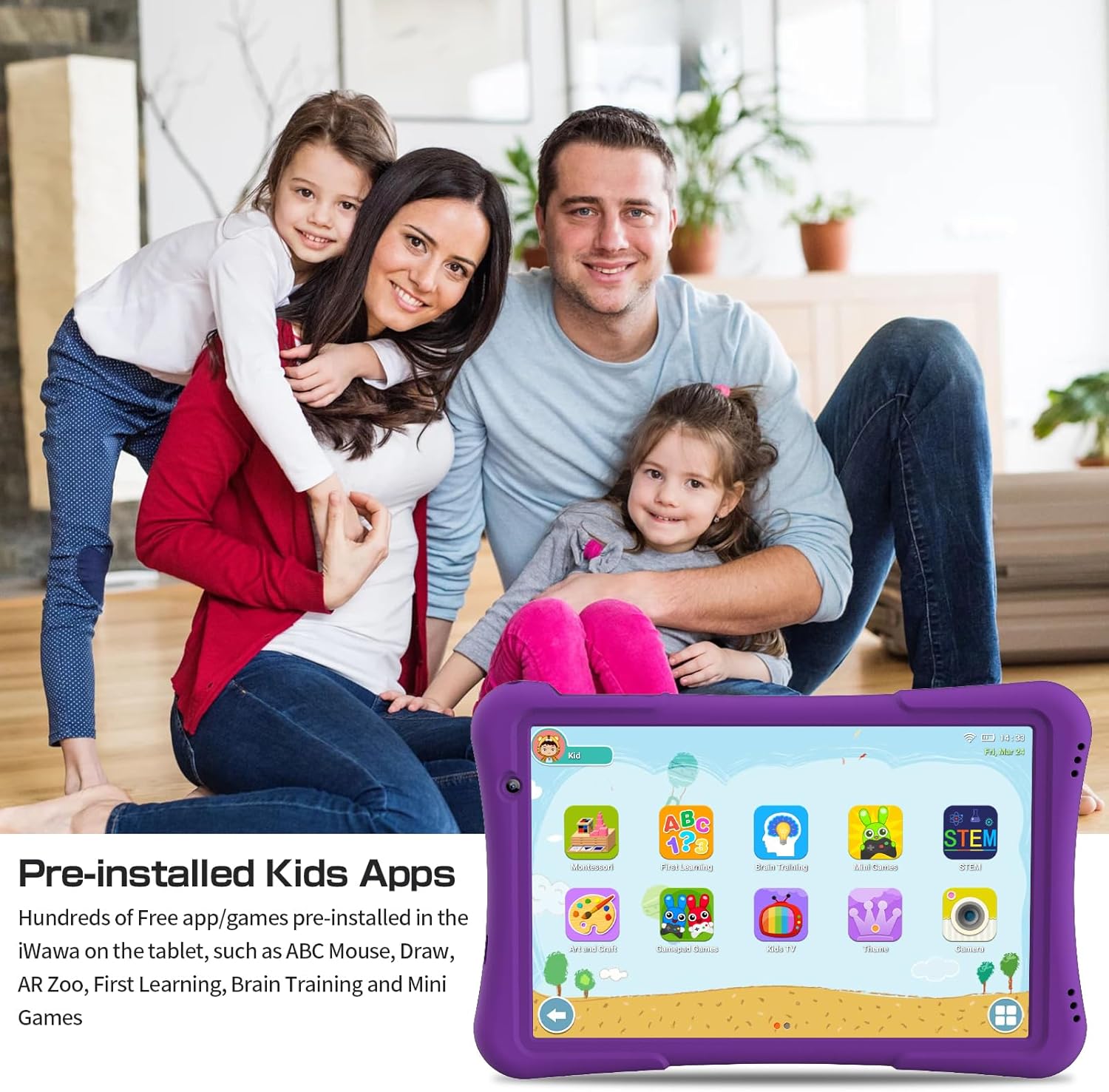 PRITOM tablet displaying a grid of pre-installed kids apps like ABC Mouse, Draw, AR Zoo, First Learning, Brain Training, and Mini Games.