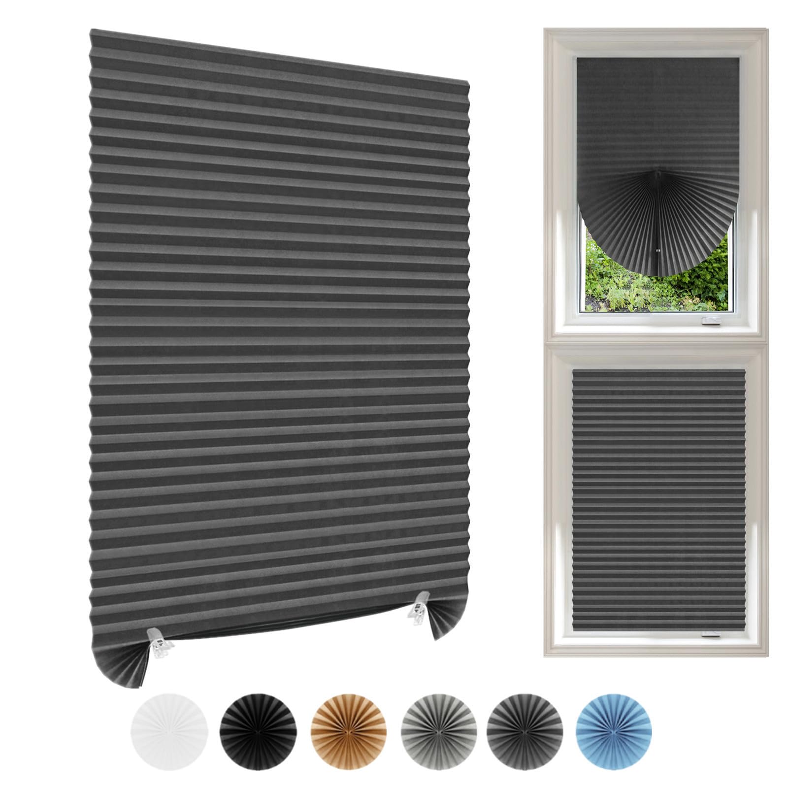 Temporary Blinds Stick On Cut to Size Non-woven Fabric No Drill Self Adhesive Pleated Paper Window Shades for Bedroom Kitchen Bathroom Windows Patio French Doors (2, Dark Grey/Silver, WxH 60x150cm)