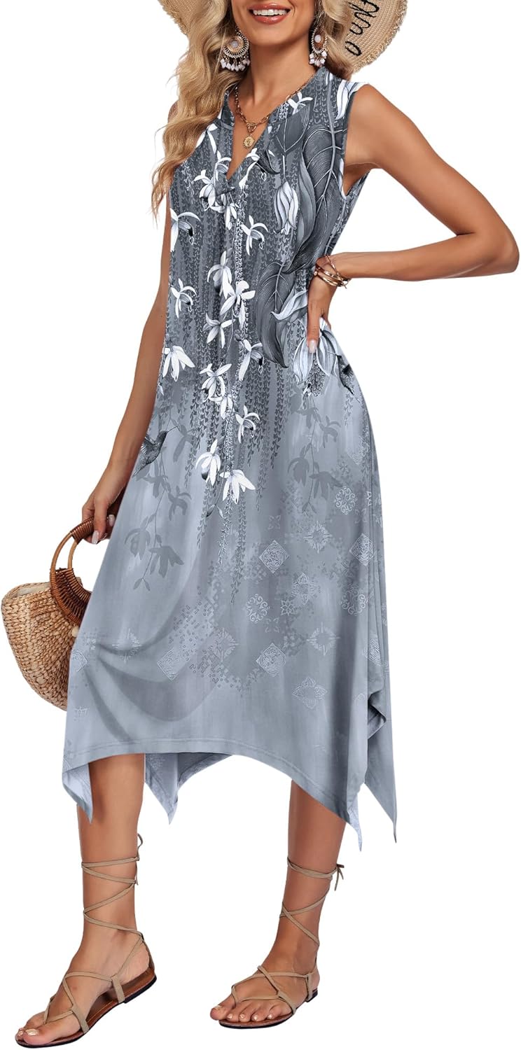 AUSELILY Summer Dresses for Women 2026 Casual Sleeveless Sundress Asymmetrical Hem Tank Midi Dress with Pockets - Image 3