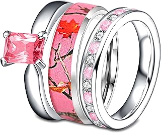 3 pieces Pink Camo Engagement Wedding Ring Set
