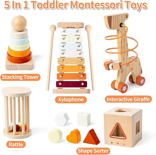 Miniatura 6 de Juguetes Montessori para niños de 1 a 3 años, juguetes para bebés de 12 a 18 meses, anillos apilables de madera para niños pequeños, cubo de