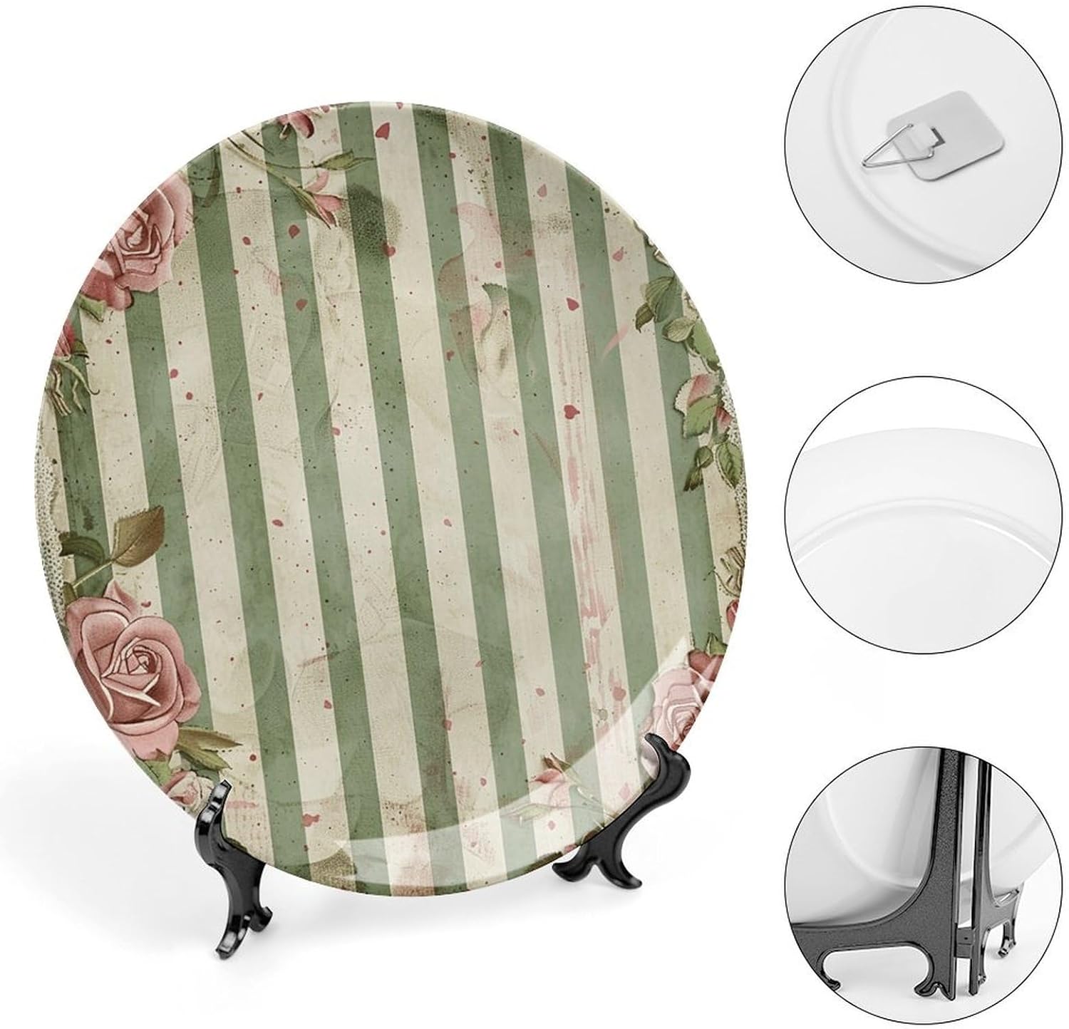 Bone China Decorative Plates Roses And Green Plants Ceramic Decorative Plate Wall Decor with Display Stand Ceramic Ornaments for Wall Hanging Decoration