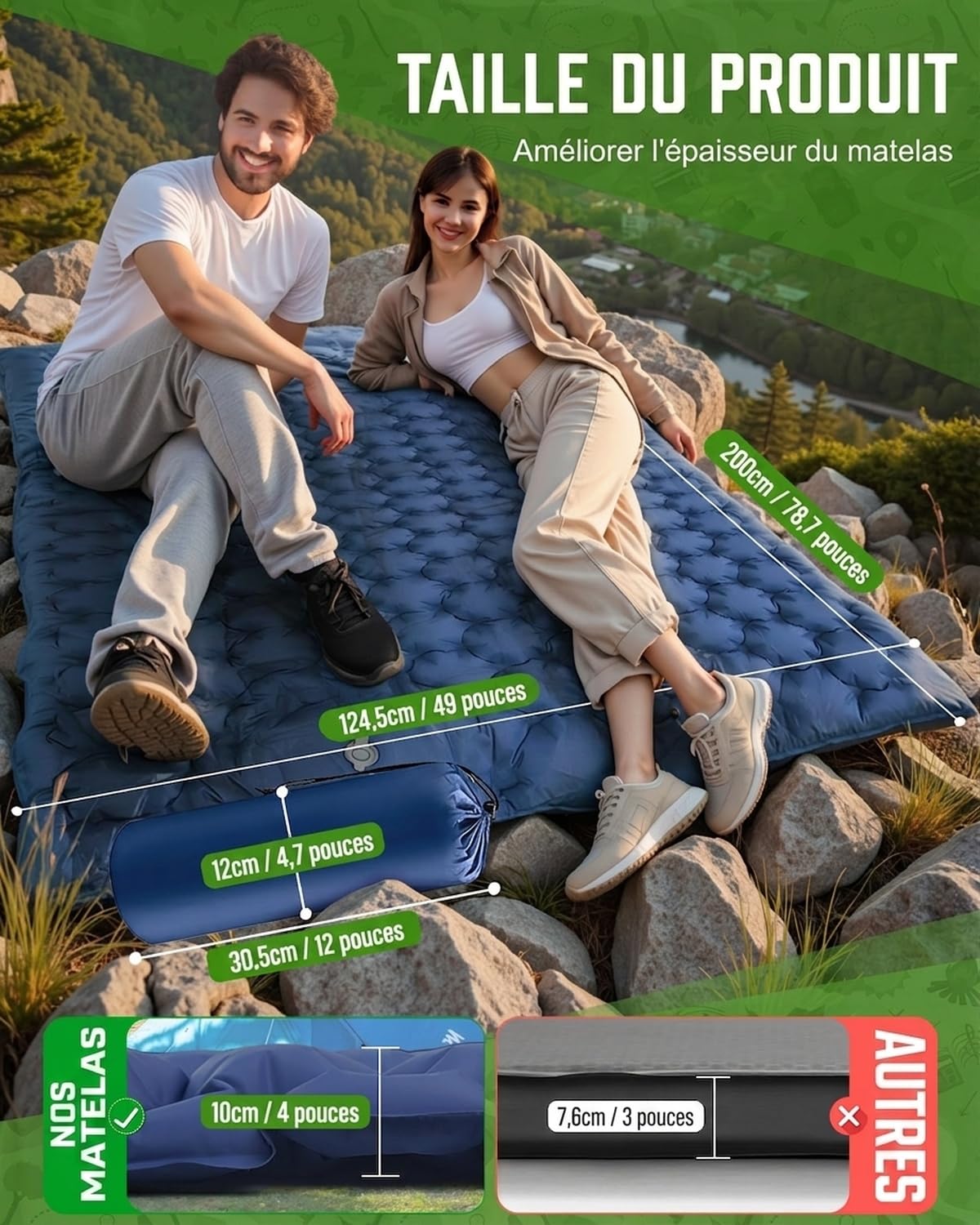 Matelas Gonflable 2 Personnes Camping Autogonflant avec Pompe à Pied et Oreillers Intégrés Imperméable Compact Bleu Marine