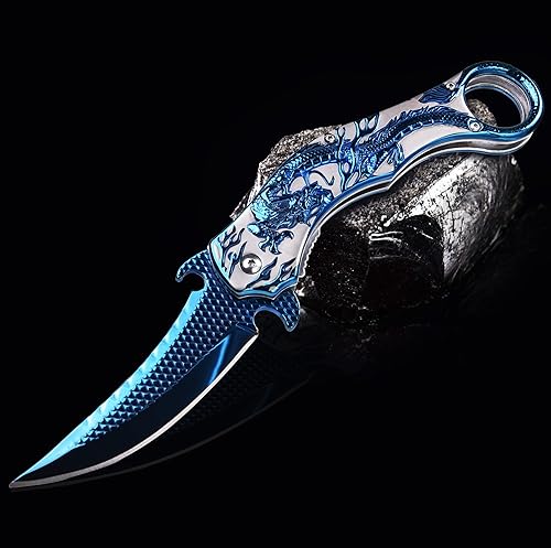 Miniatura 2 de Cuchillo de bolsillo para hombres, cuchillo plegable con alivio de dragón azul 3D, gran regalo Edc cuchillo para hombres, supervivencia al aire