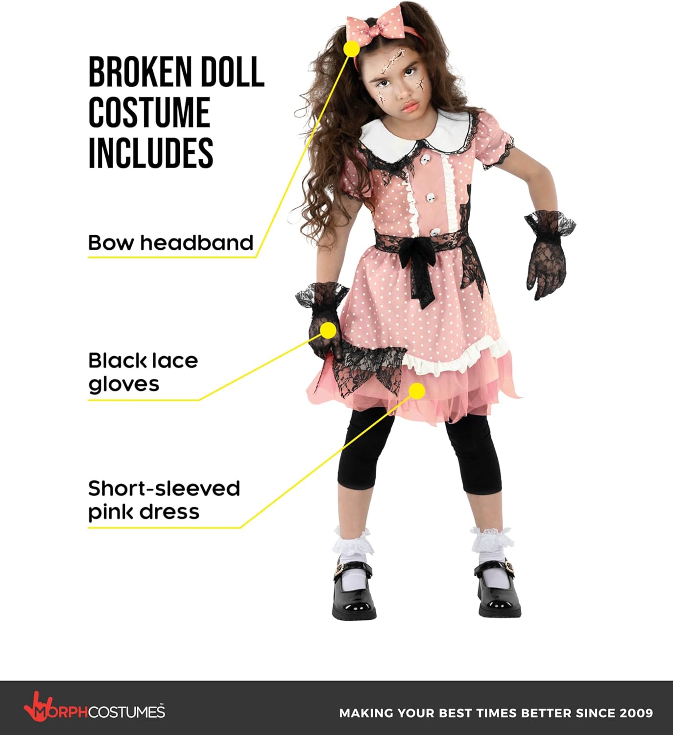Morph Broken Doll Costume Girls - Creepy Doll Costume for Kids Girl - Scary Halloween Costumes for Girls Kids Cracked Dolls