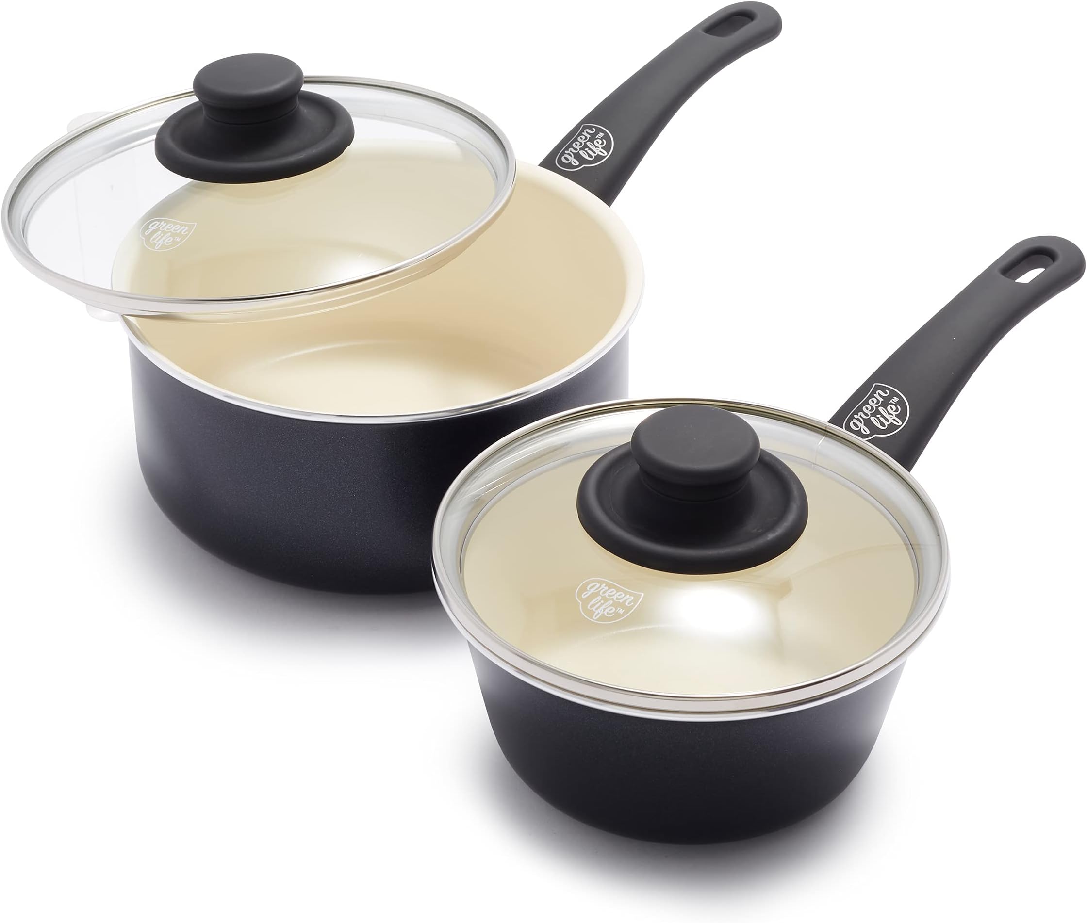 Soft Grip 1QT and 2QT Saucepan Set, Healthy Ceramic Nonstick, Non Toxic PFAS-Free, Dishwasher Safe, Glass Lids, Stay-Cool Handles, Easy Clean Cookware, Kitchen Essentials, Black & Cream