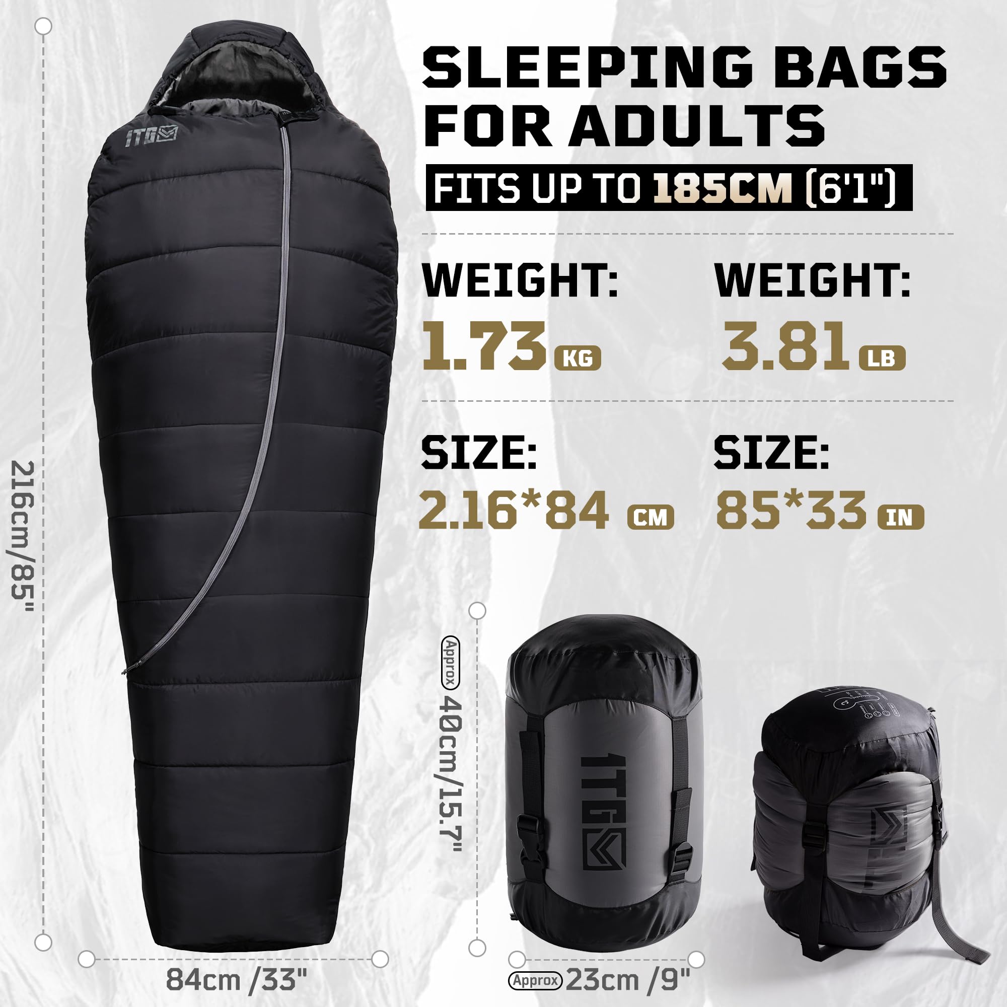 Sac de couchage momie pour adultes, sac de couchage de camping par temps froid (-3,9 à 2,2 °C) avec capuche réglable, poche pour téléphone, sac de compression pour le camping, la randonnée