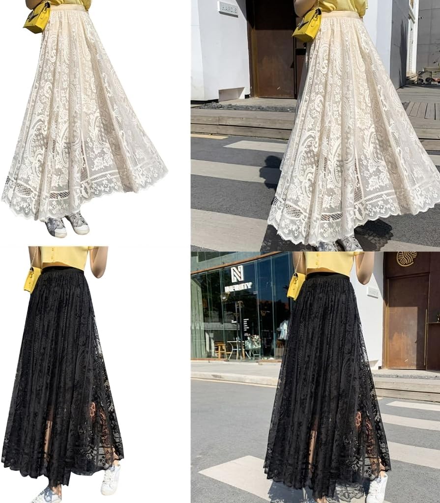 Women Tutu Tulle Skirts Midi Elastic High Waist Pleated Mesh Flowy A-Line Skirt Party Long Tutu Skirts Summer Long Dress Black