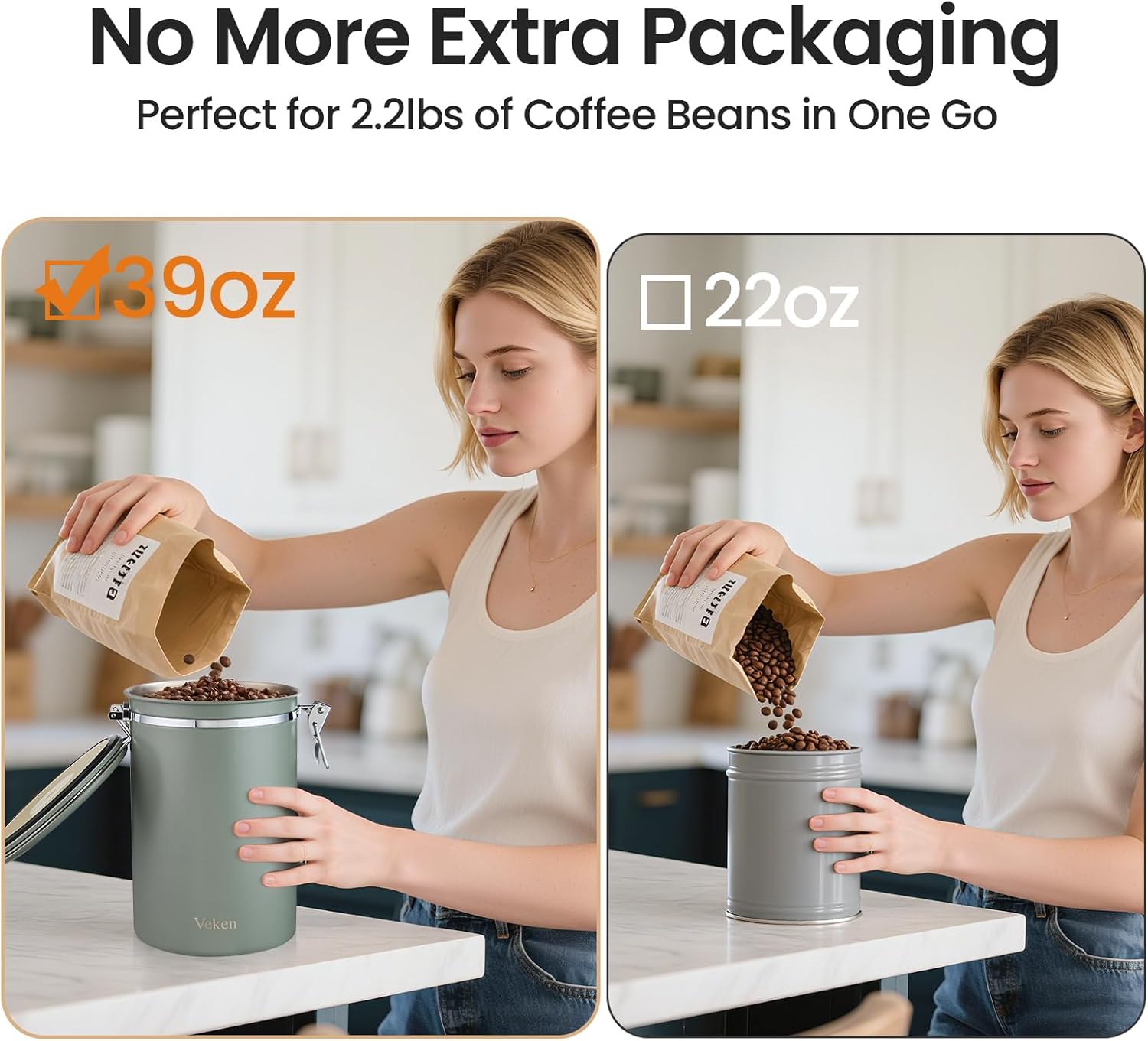 Veken Coffee Canister, 39OZ Large, Airtight Stainless Steel Food Storage Container for 2.2lbs Coffee Beans, Ground, Sugar, Tea, Flour, Cereal, Kitchen Bar Accessories with Date Tracker & Scoop, Green - Image 3