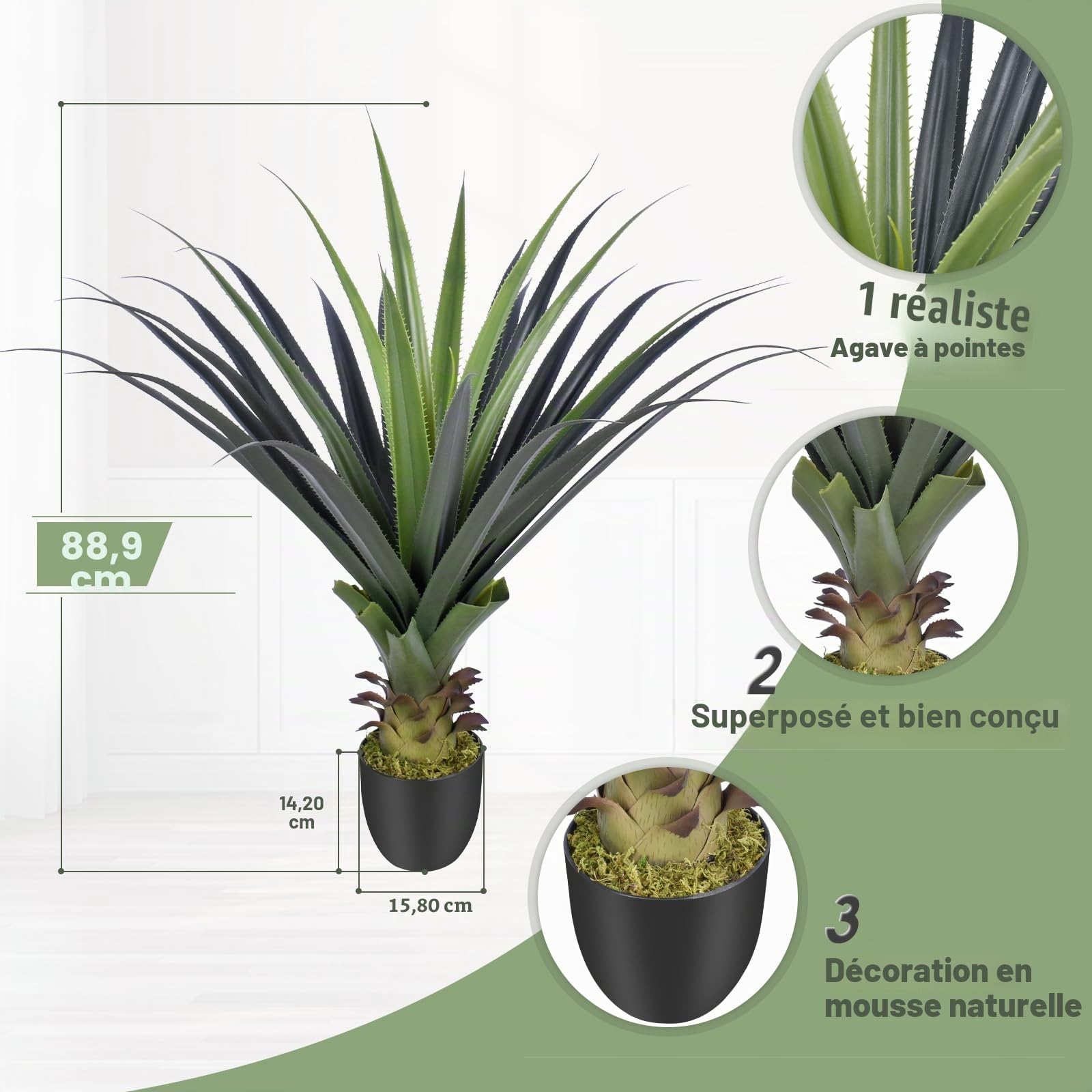 Plantes Artificielles Agave 90cm Haute avec Pointe, Arbre Artificielle Extérieur pour Porche, Terrasse Maison Intérieure Décoration
