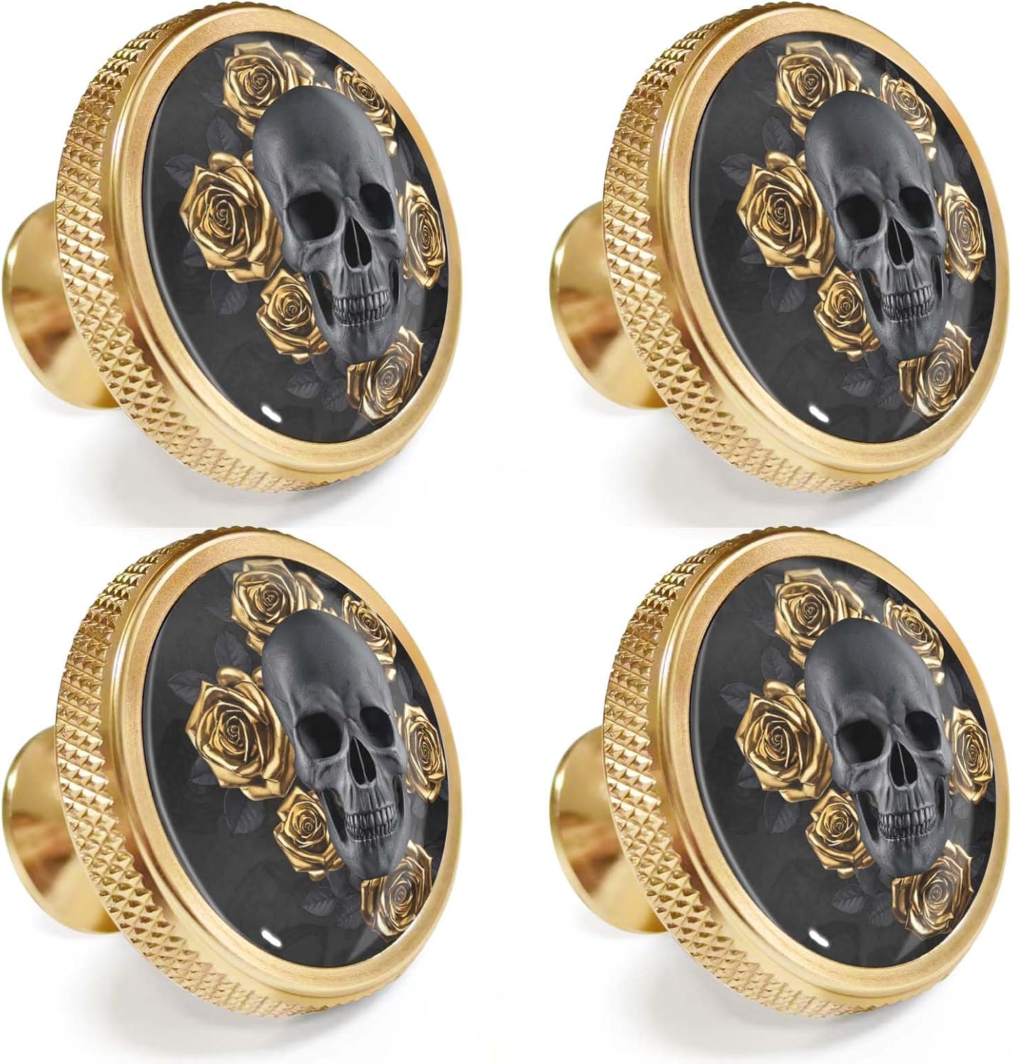 4 Pack Cabinet Knobs Round Matte Golden Drawer Pulls, Gothic Black Skull with Golden Roses Hardware Dresser Knob for Bathroom Kitchen