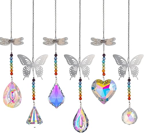 WEISIPU Paquete de 6 colgantes de cristal coloridos, diseño de mariposa, libélula y atrapa el sol, decoración de cristal colgante para decoración de