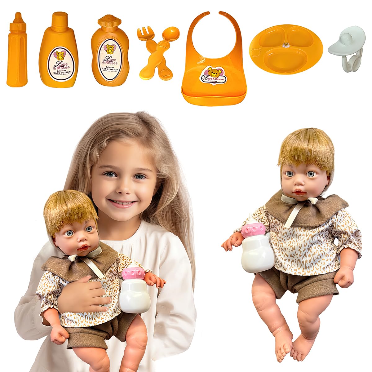 koolbitz 14-Inch Realistic Baby Doll Toy with Accessories - Soft & Cuddly Baby Doll Set with Poseable Limbs, Feeding Bottle, Clothes & More for Kids Aged 3 and Up