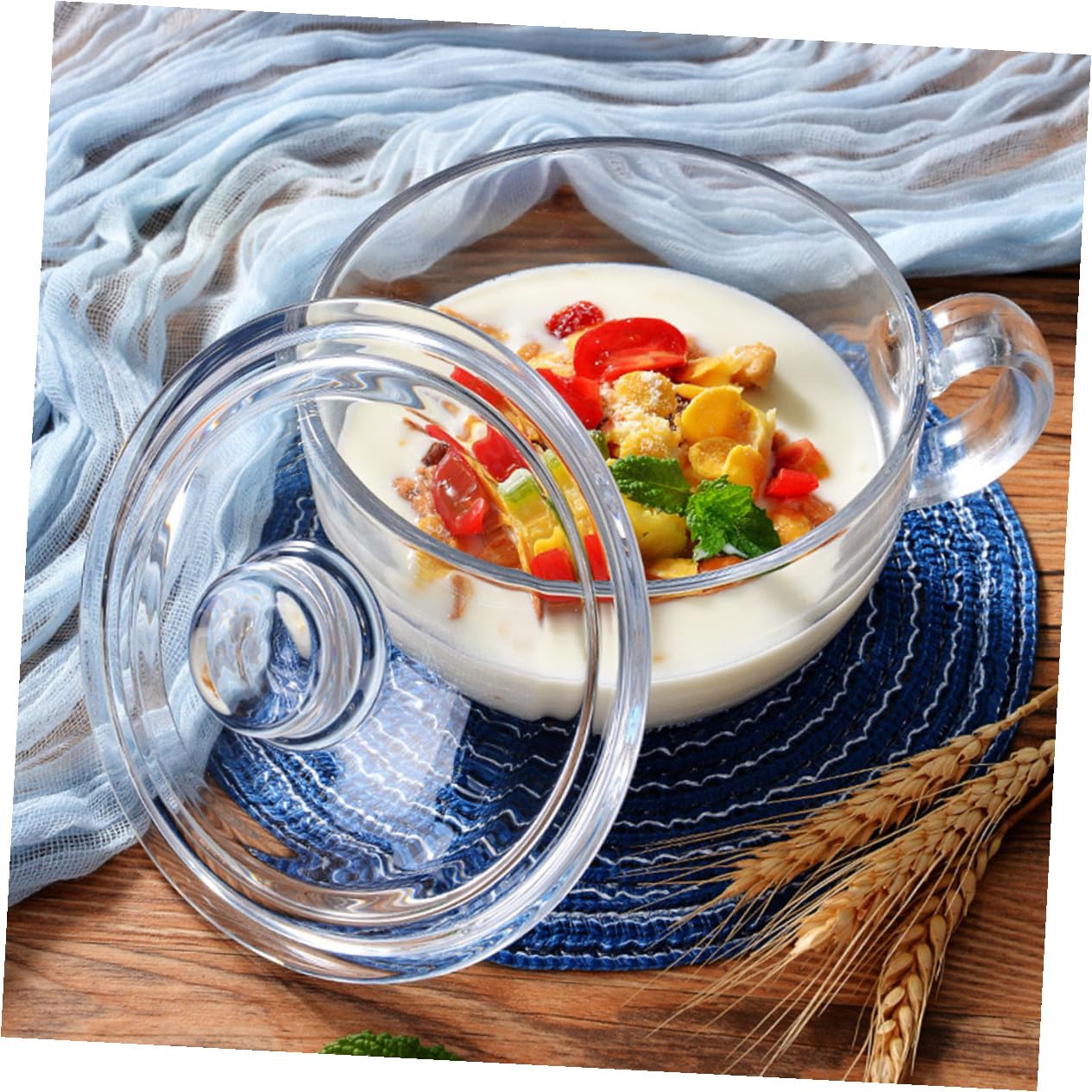 SHOWERORO Tazón de Vidrio Transparente con Tapa y Asa Cuenco para Ensalada Postre y Desayuno Resistente y Elegante para Uso Diario y Reuniones Familiares
