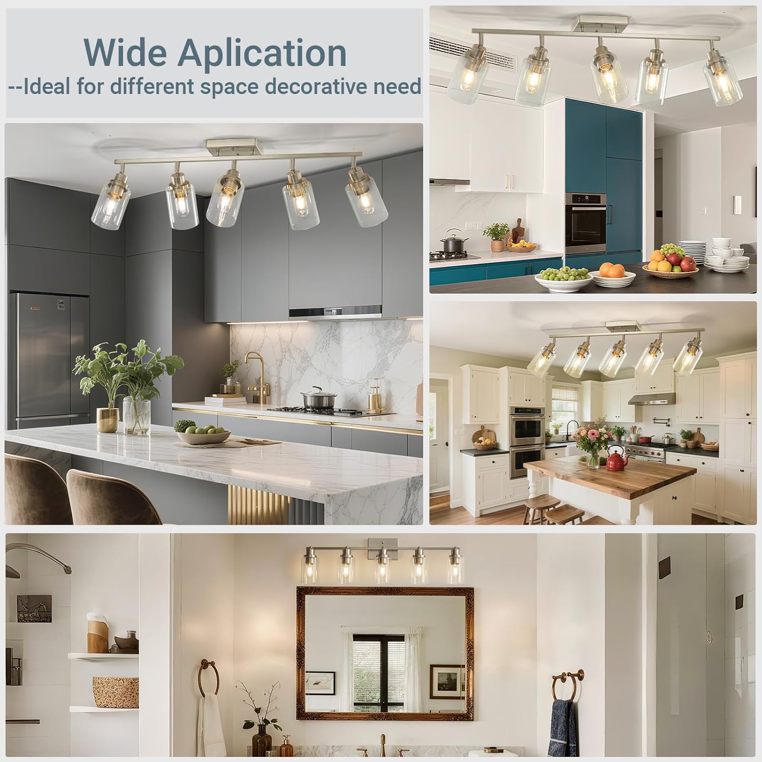 LOUSACE 5-Light Brushed Nickel Track Lighting Kit with Clear Glass, Modern Track Light Fixtures Flush Ceiling Mounted, Tracking Vanity Lighting Rotatable Spotlight for Kitchen Bathroom Accent Shop