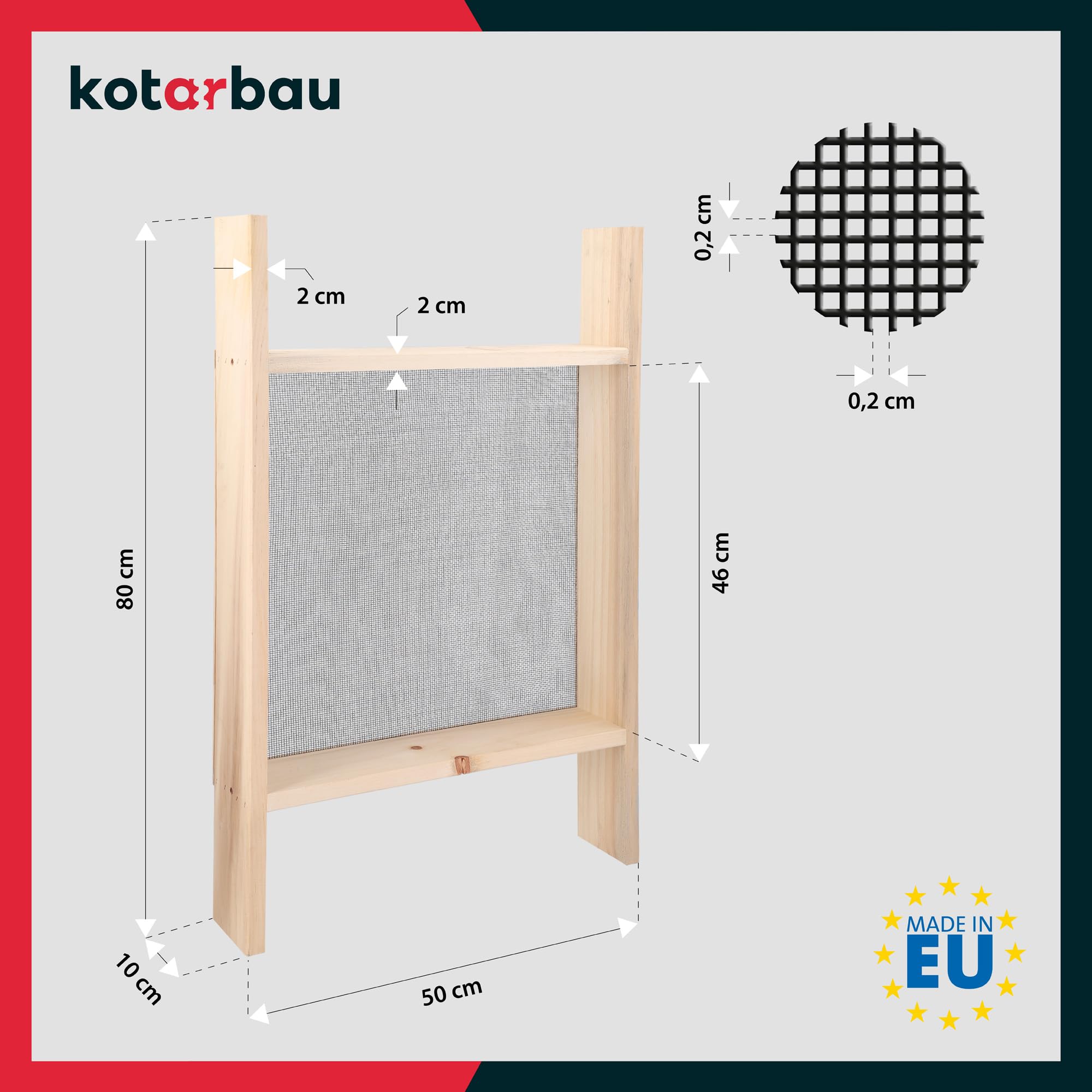 KOTARBAU® Cribas de Arena - Cedazo Arena - 2 x 2 mm - Tamizador Tierra - Acero y Madera - 80x50 cm - Negro Natural - Criba de Paso - Robusto Cedazo para Tierra