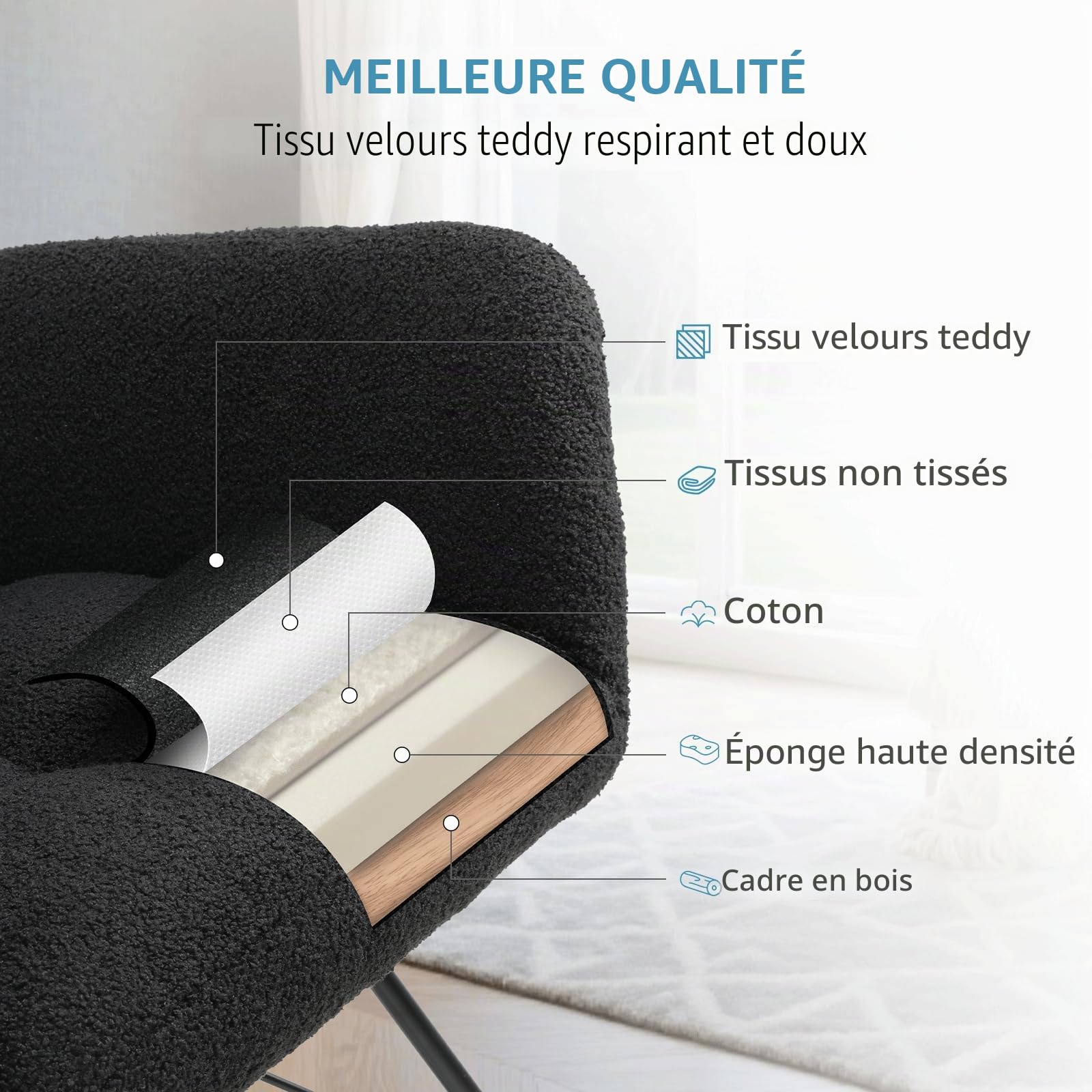 Clevich Fauteuil à Bascule Allaitement Scandinave, Rocking Chair Confortable avec Velours Teddy, Pieds en Bois et Métal, pour Salon, Chambre d'enfants, Chambre, Jusqu'à 136kg, Noir