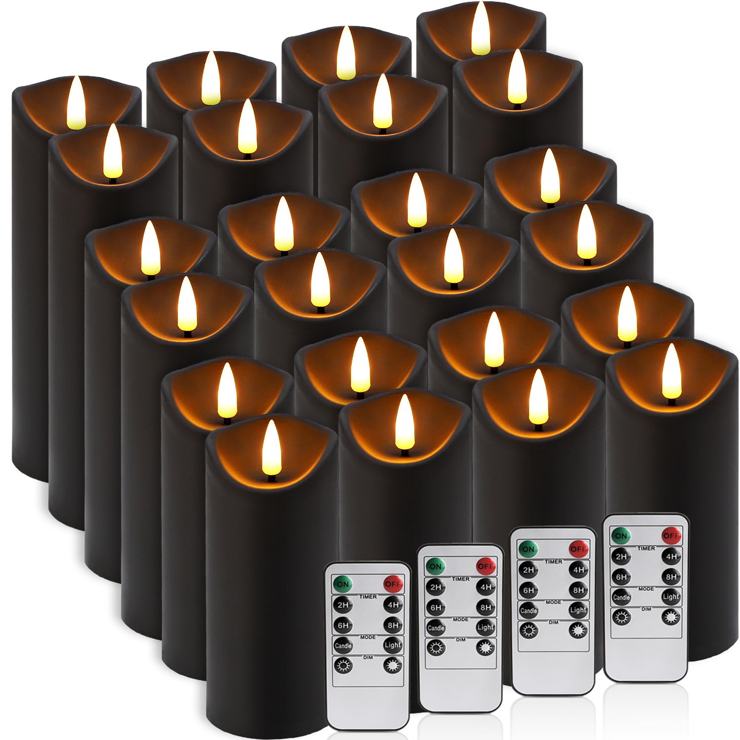 LIVEN Set mit 24 wasserdichten flammenlosen Kerzen für den Außenbereich, LED-Kerzen mit 4 Fernbedienungen und Timer, (H 10,2 cm, 12,7 cm, 15,2 cm x T 5,6 cm), für Halloween, Weihnachten, Hochzeitsfest