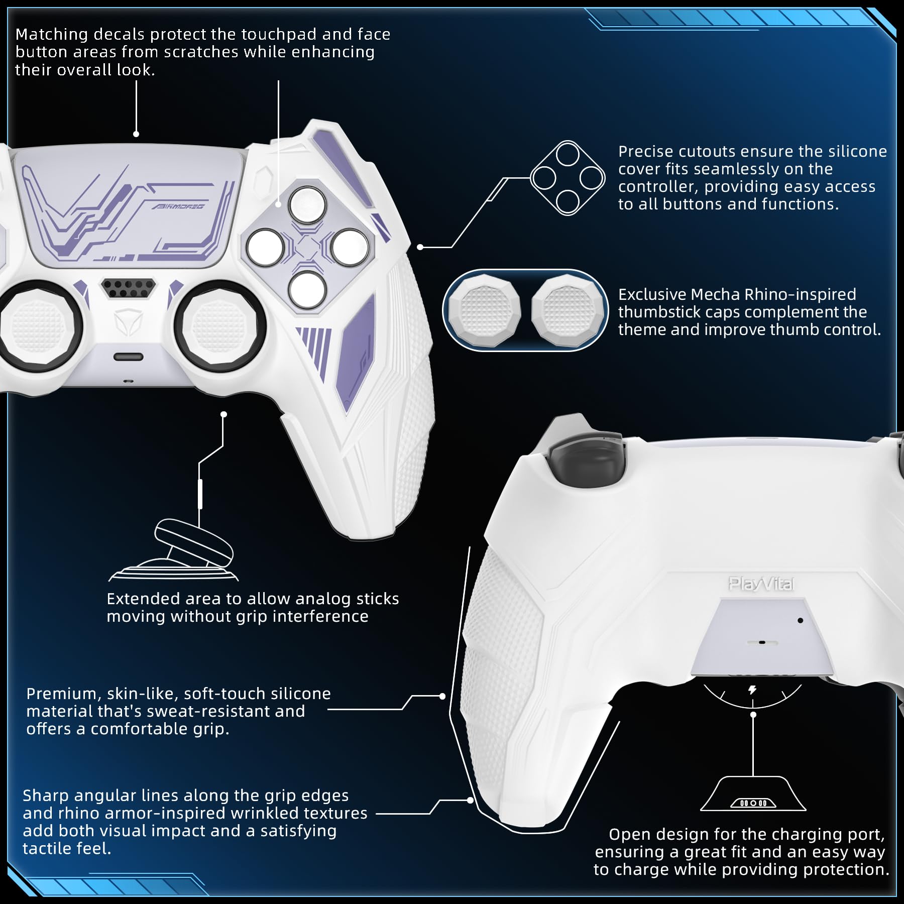 playvital Cover Controller per ps5 Joystick, Compatibile con ps5 Base di Ricarica, Custodia Silicone Antiscivolo Grip Ergonomico per Posizionamento Verticale, Mecha Rhino-Bianco&Lilla