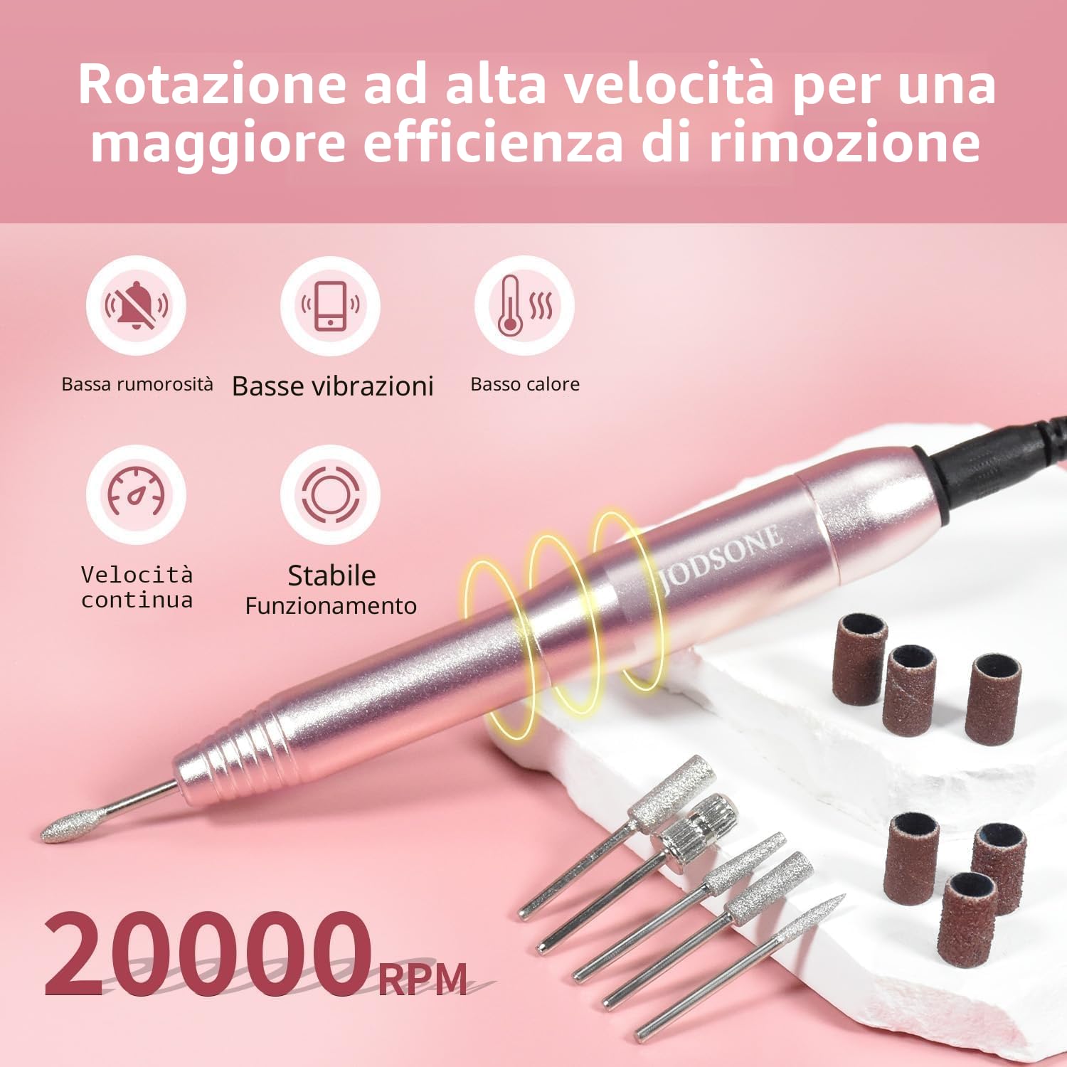 JODSONE Fresa per Unghie, 20000RPM Lima Elettrica per Unghie 6 in 1, Fresa per Unghie Professionale Portatile e silenzioso con 6 punte di ricambio per uso domestico e in salone