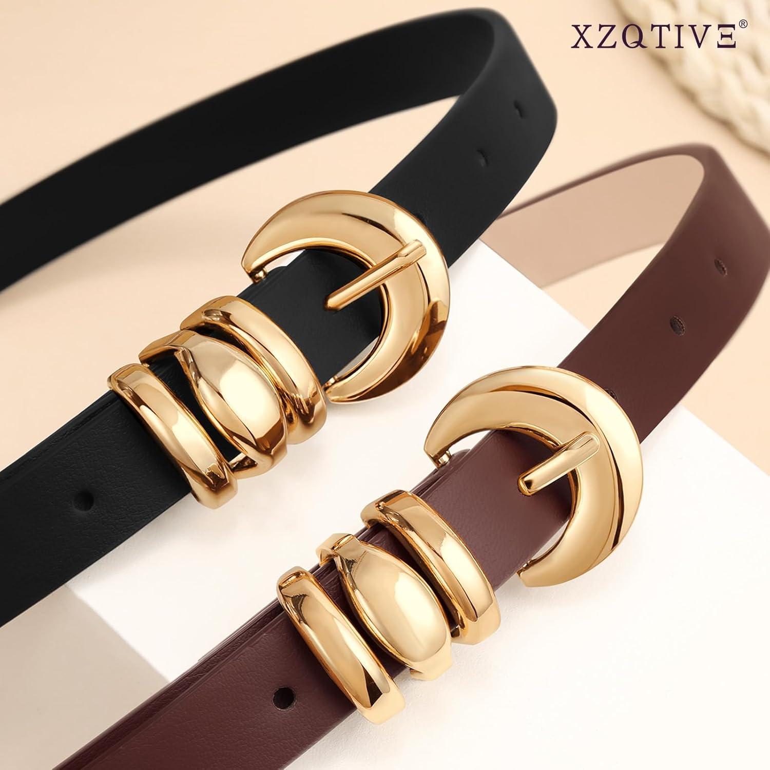XZQTIVE 2 Pack 0.71'' Womens Skinny Leather Belts for Ladies Thin Waist Belt for Jeans Dress Pants with Fashion Gold Buckle - Image 2