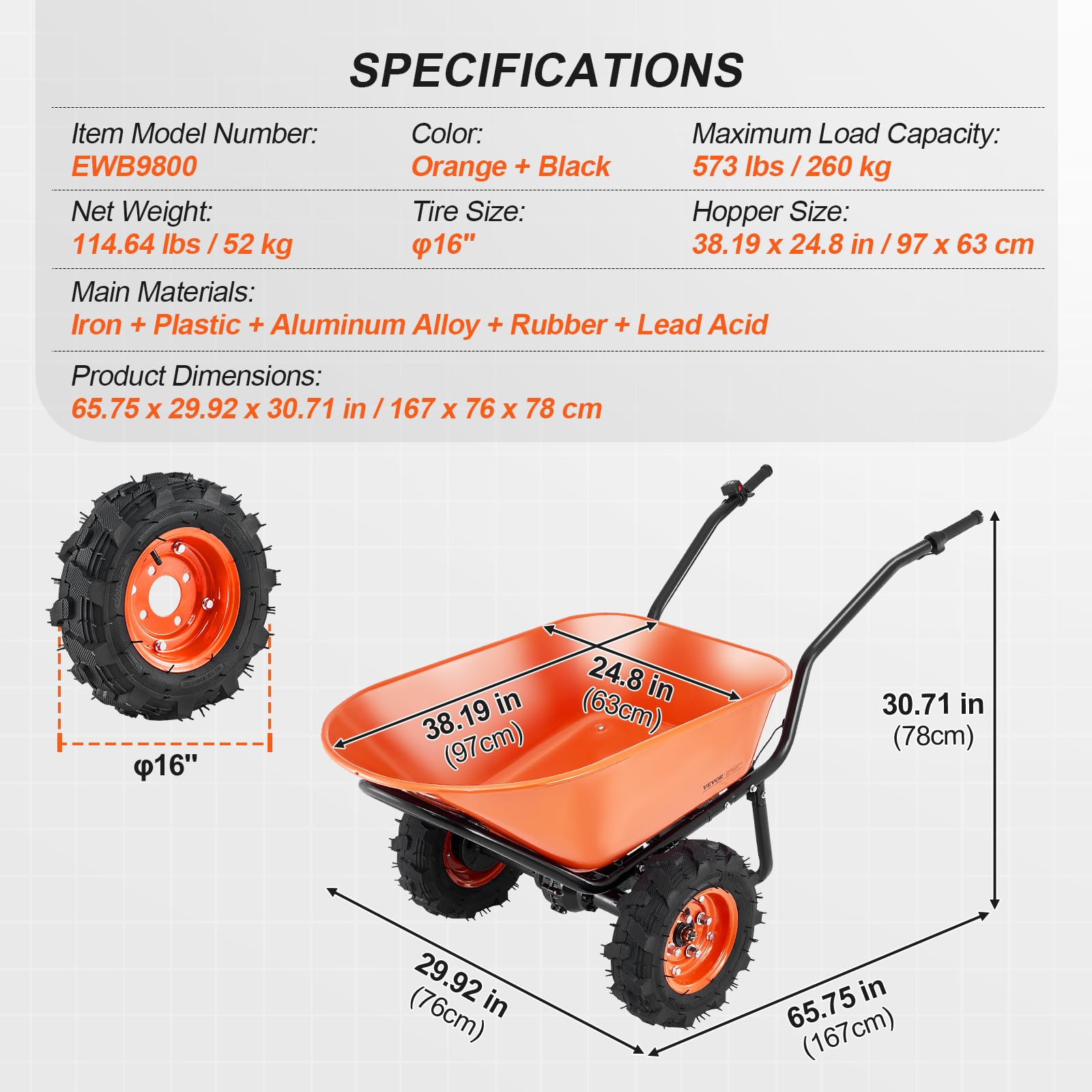 VEVOR Brouette Électrique 2 Roues Chariot de Jardin Motorisé 500 W, Poignée Métal, Roue Large 40 cm, 260 kg, Chariot Utilitaire Chargement Facile pour Ferme, Pelouse, Extérieur, Jardinage, Entrepôt