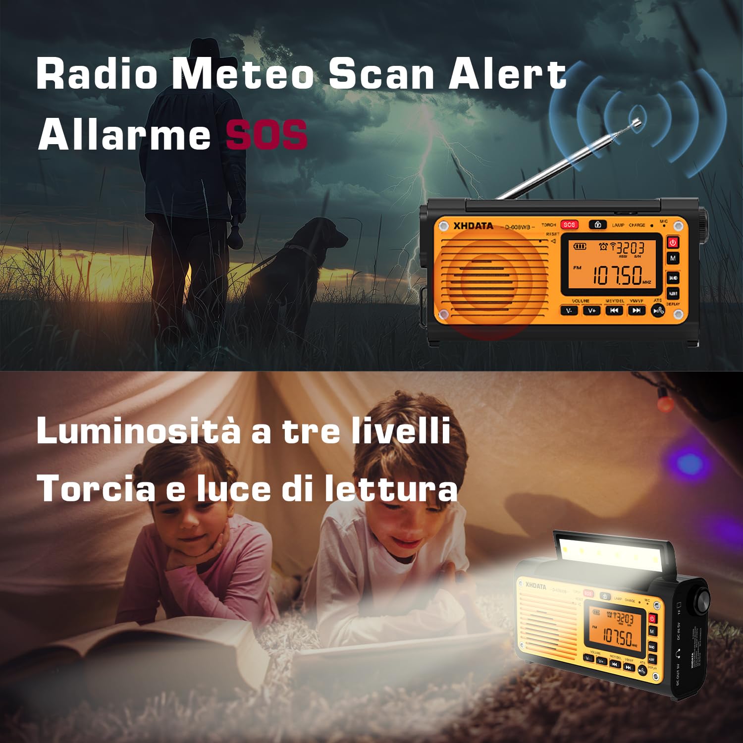 XHDATA D-608WB Radio FM/Am/SW a Onde Corte, Manovella Solare, Batteria Ricaricabile di Emergenza, Radio Sveglia SOS, Lettore MP3 Bluetooth, Torcia Elettrica, Lampada da Lettura per il Campeggio