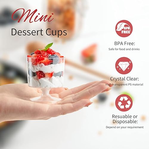 Miniatura 3 de Zezzxu 100 Pack 2 oz Mini Dessert Cups Disposable Appetizer Cups Mousse Cups Small Plastic Wine Glasses for for Serving Individual Pudding Shots