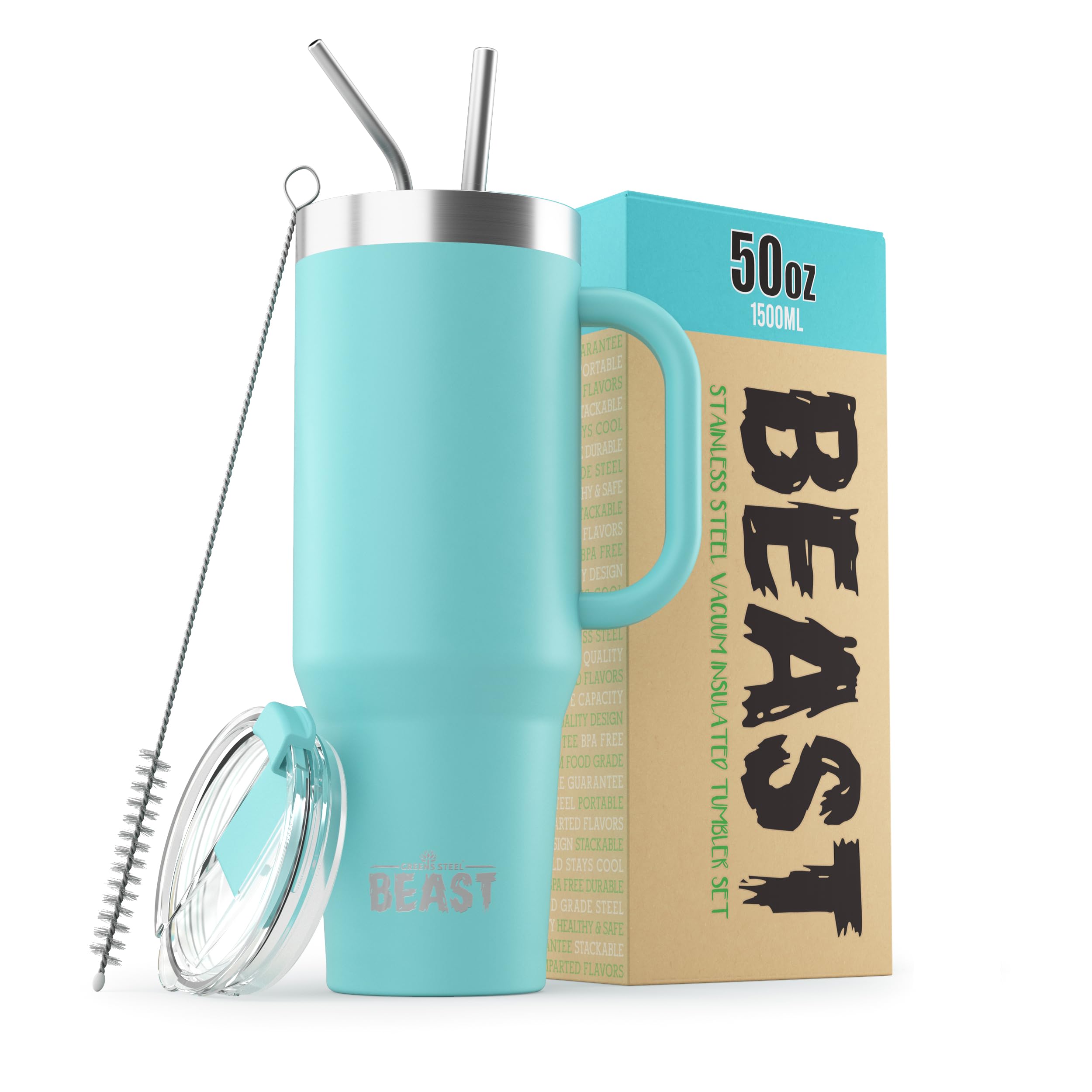 Greens Steel Beast Tumbler – 550 ml (20 oz), Coral | Vaso de acero inoxidable reutilizable con aislamiento al vacío | con 2 pajitas y cepillo de limpieza | Termo de viaje de doble pared — view 54