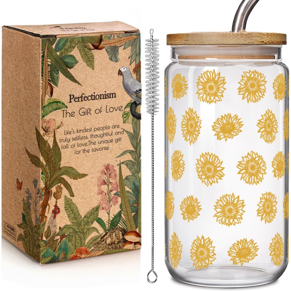Enanaimg Sunflower Gifts for Women Sunflower Cup with Bamboo Lids and Straw, Cute Sunflowers Cup, Inspirational Sunshine Birthday Christmas Gifts for Mom Best Friend Bestie 16 oz Can Glass