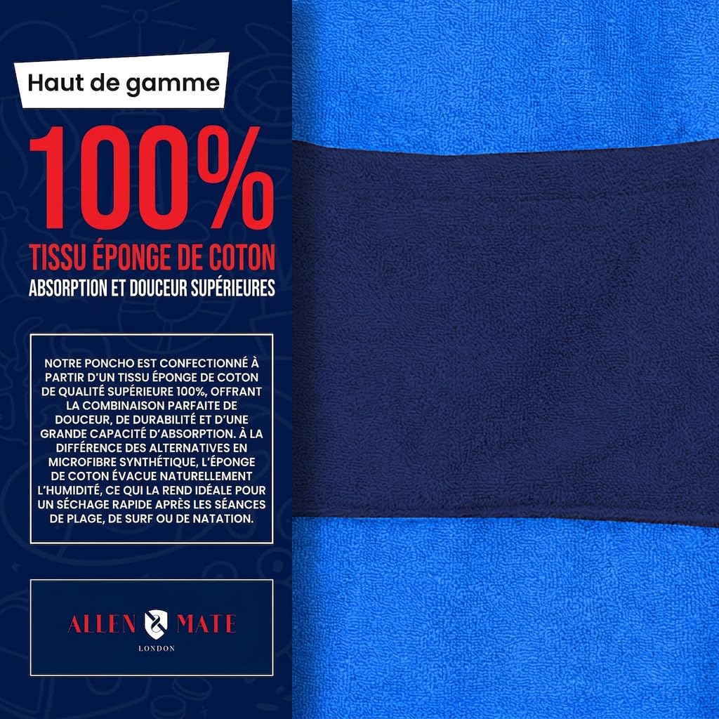 ALLEN & MATE 100% COTON Serviette de plage poncho pour enfants - Peignoir de bain surdimensionné à séchage rapide avec capuche et poche pour garçons et filles