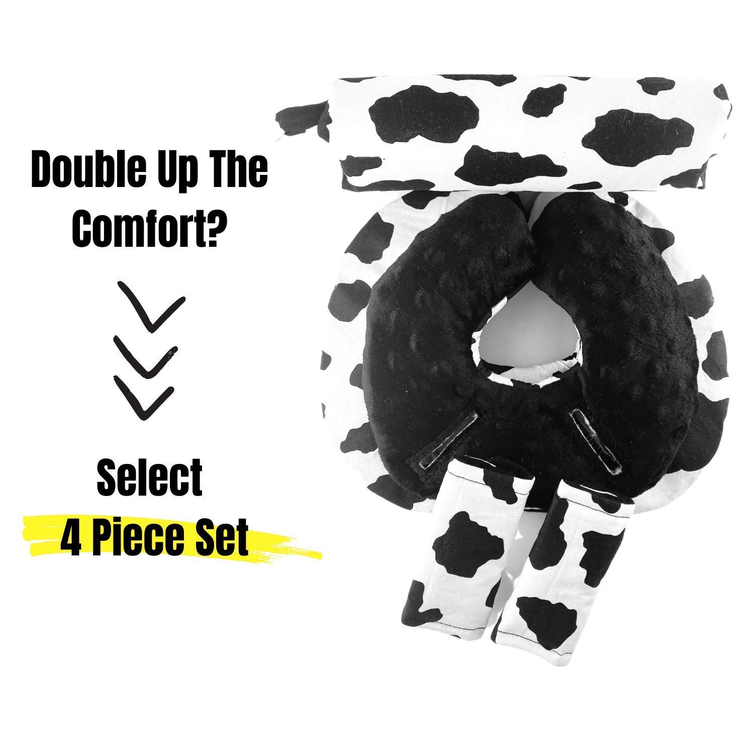 Infant Car Seat Head Support Set, Cow Print, Newborn Head Rest, Baby Strap Covers, Carry Cushion