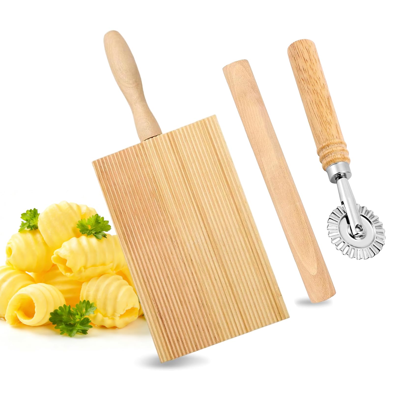 3 sztuki drewnianych desek do wykrawania ciastek i wałkiem do makaronu, deska Gnocchi, 20,6 x 8,1 cm, drewniana deska do makaronu, wysoka wydajność, akcesoria do makaronu, tortellini