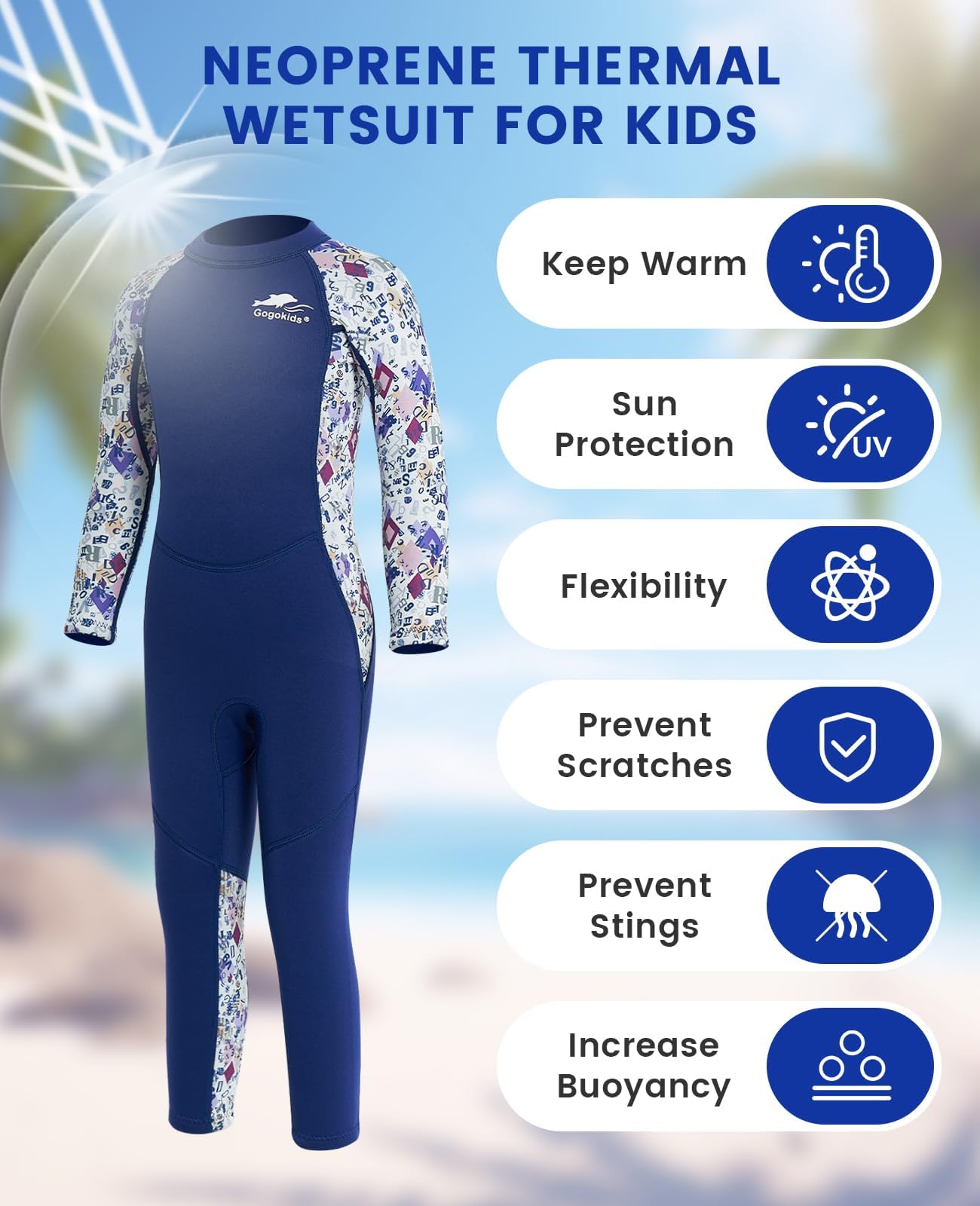 Gogokids Traje de Neopreno para Niñas - Niños Traje de Baño, Rash Guard Ropa de Natación Una Pieza 2.5mm Neopreno Traje de Buceo Manga Larga UV 50+