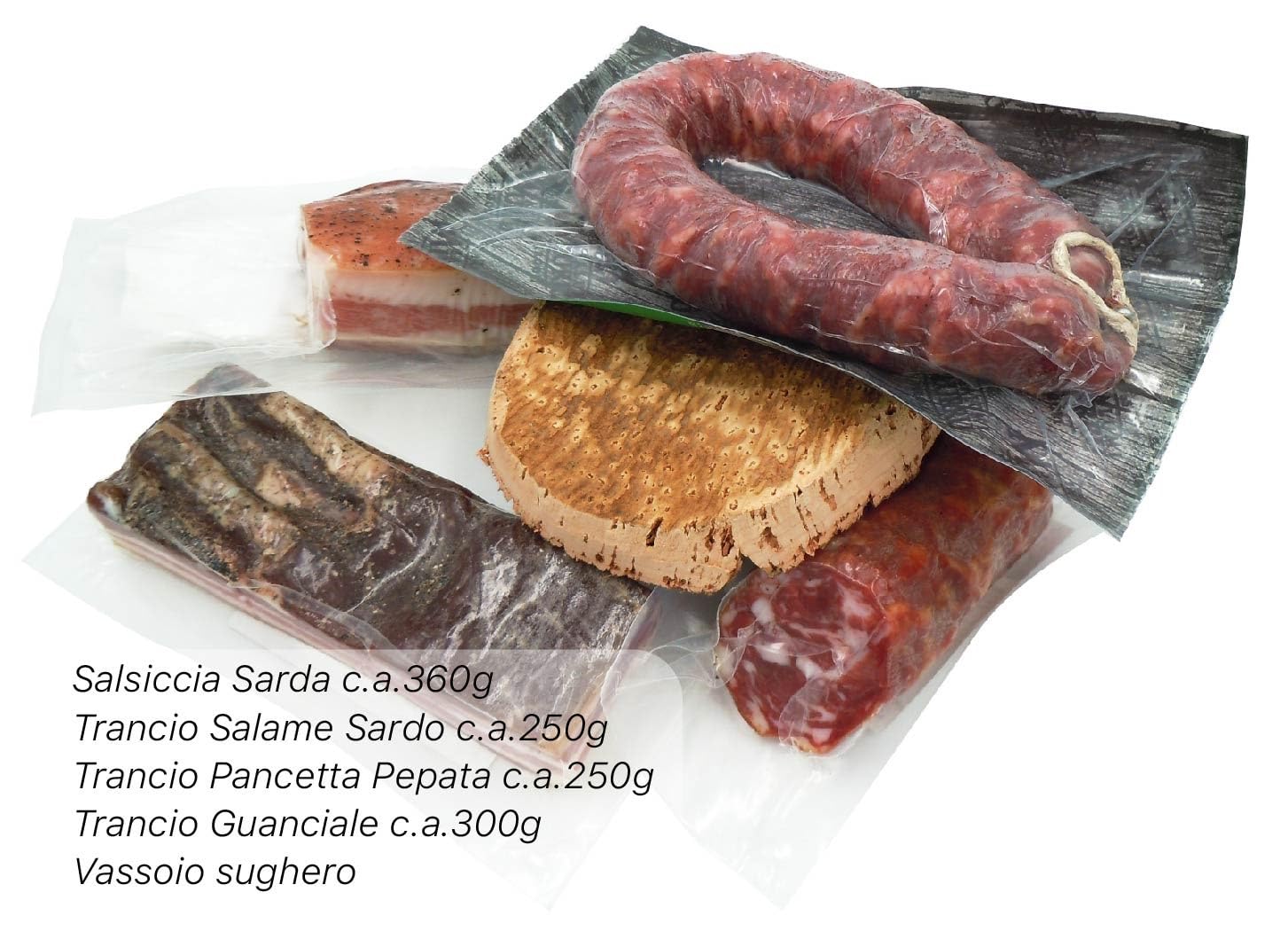 Salumi Murru| Irgoli| Box Aperitivo 1| Salsiccia sarda classica, Salame sardo, pancetta pepata, guanciale e vassoio in sughero